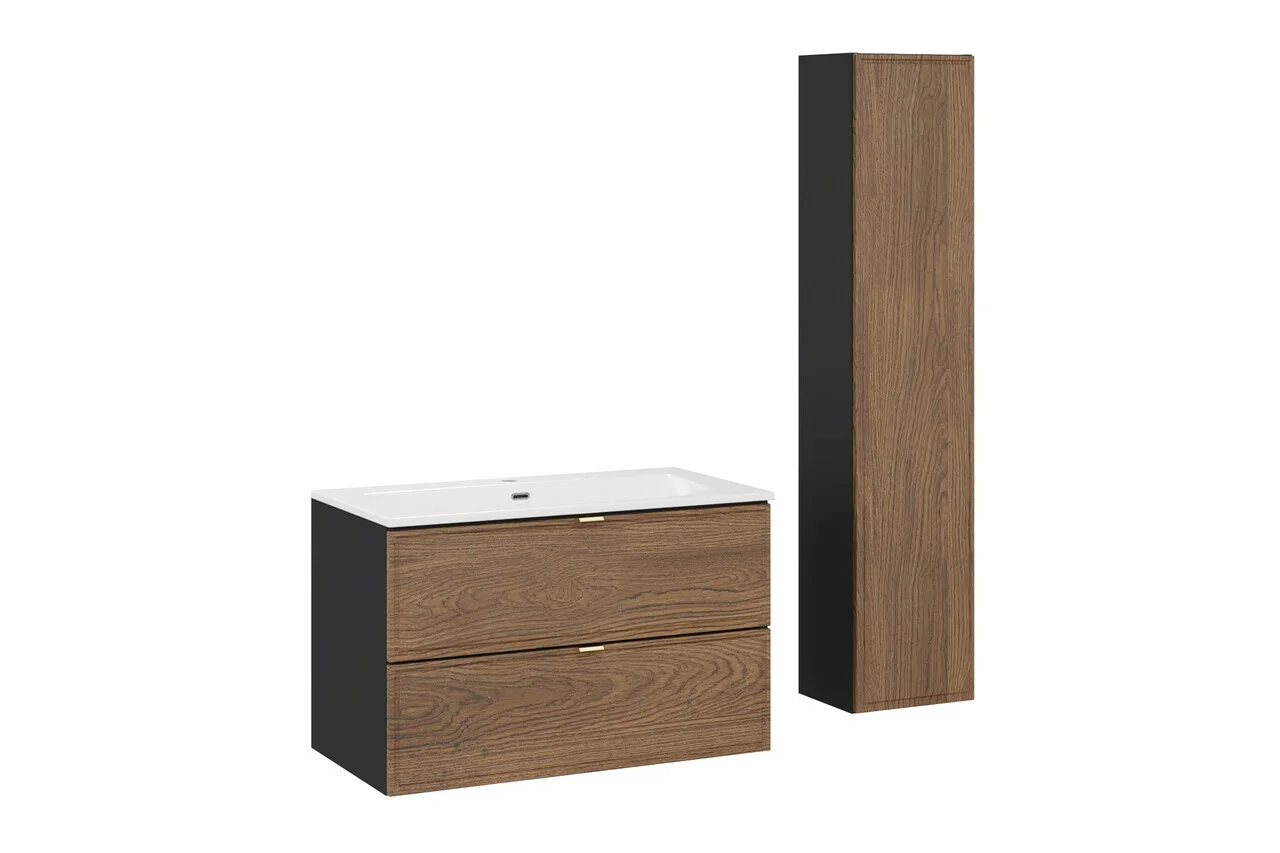 Set mobilier baie Talia Casella 80 cm HC, dulap inalt si masca cu lavoar, Comad, MDF/PAL, stejar/negru mat Set mobilier baie Talia Casella 80 cm HC, dulap inalt si masca cu lavoar, Comad, MDF/PAL, stejar/negru mat