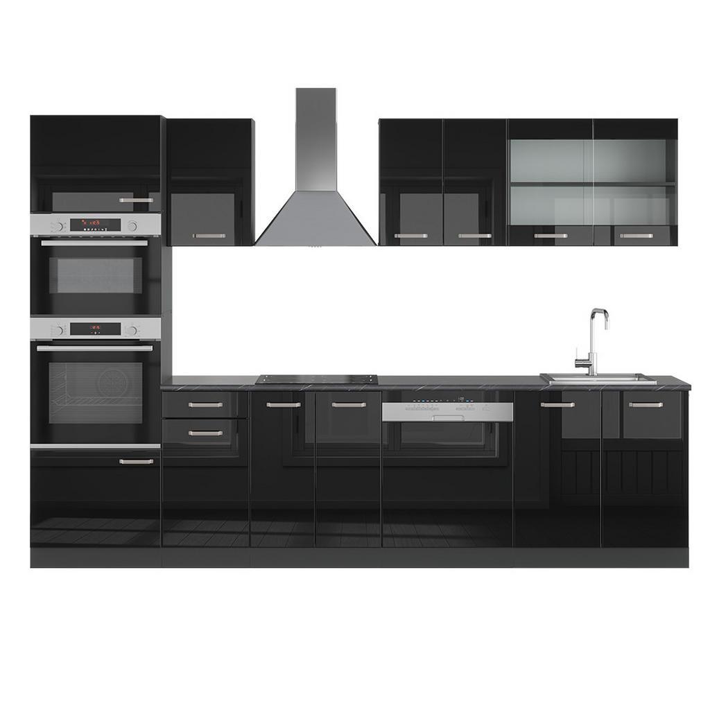 KITCHENETTE R-Line Negru lucios ridicat 300 cm cu dulap înalt, fără blat KITCHENETTE R-Line Negru lucios ridicat 300 cm cu dulap înalt, fără blat