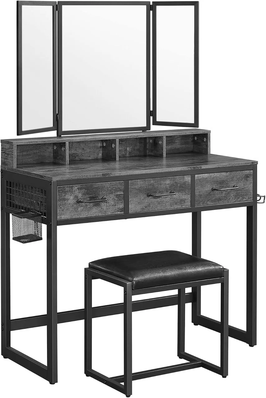 Masa de toaleta cu oglinda si taburet / masuta dressing, Vasagle Industrial, 90x40x141 cm, PAL/oglinda, maro Masa de toaleta cu oglinda si taburet / masuta dressing, Vasagle Industrial, 90x40x141 cm, PAL/oglinda, maro