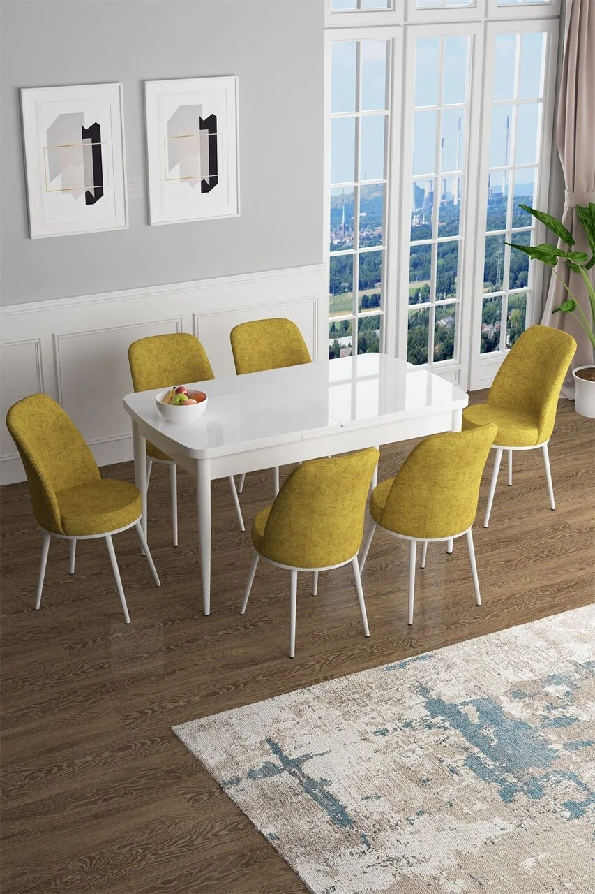 Set masa extensibila si scaune (7 piese), Hanah Home, Han, Alb/Muștar Set masa extensibila si scaune (7 piese), Hanah Home, Han, Alb/Muștar