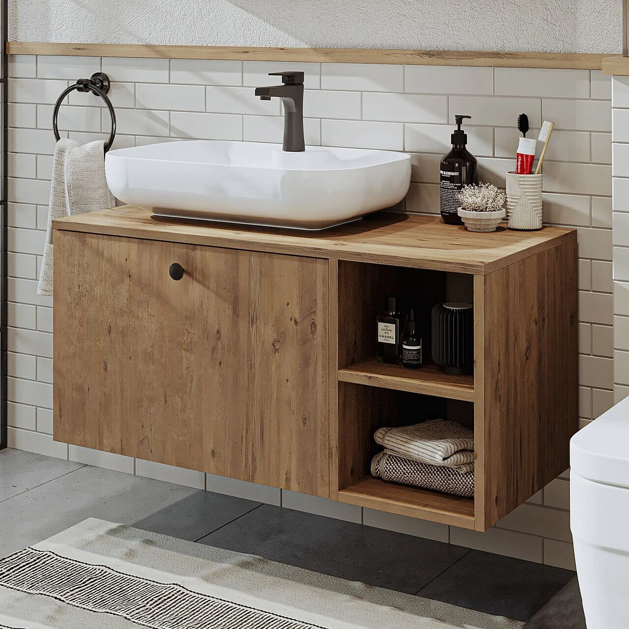 Dulap de baie cu chiuvetă, Hanah Home, 2517, 95x58x45 cm, MDF, Maro Dulap de baie cu chiuvetă, Hanah Home, 2517, 95x58x45 cm, MDF, Maro