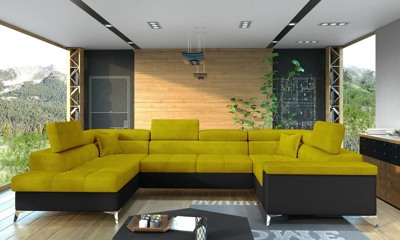 Coltar extensibil stanga 6 locuri ELTAP, Th-23, Thiago, 342x208x88 cm, lemn/poliester, galben/negru Coltar extensibil stanga 6 locuri ELTAP, Th-23, Thiago, 342x208x88 cm, lemn/poliester, galben/negru