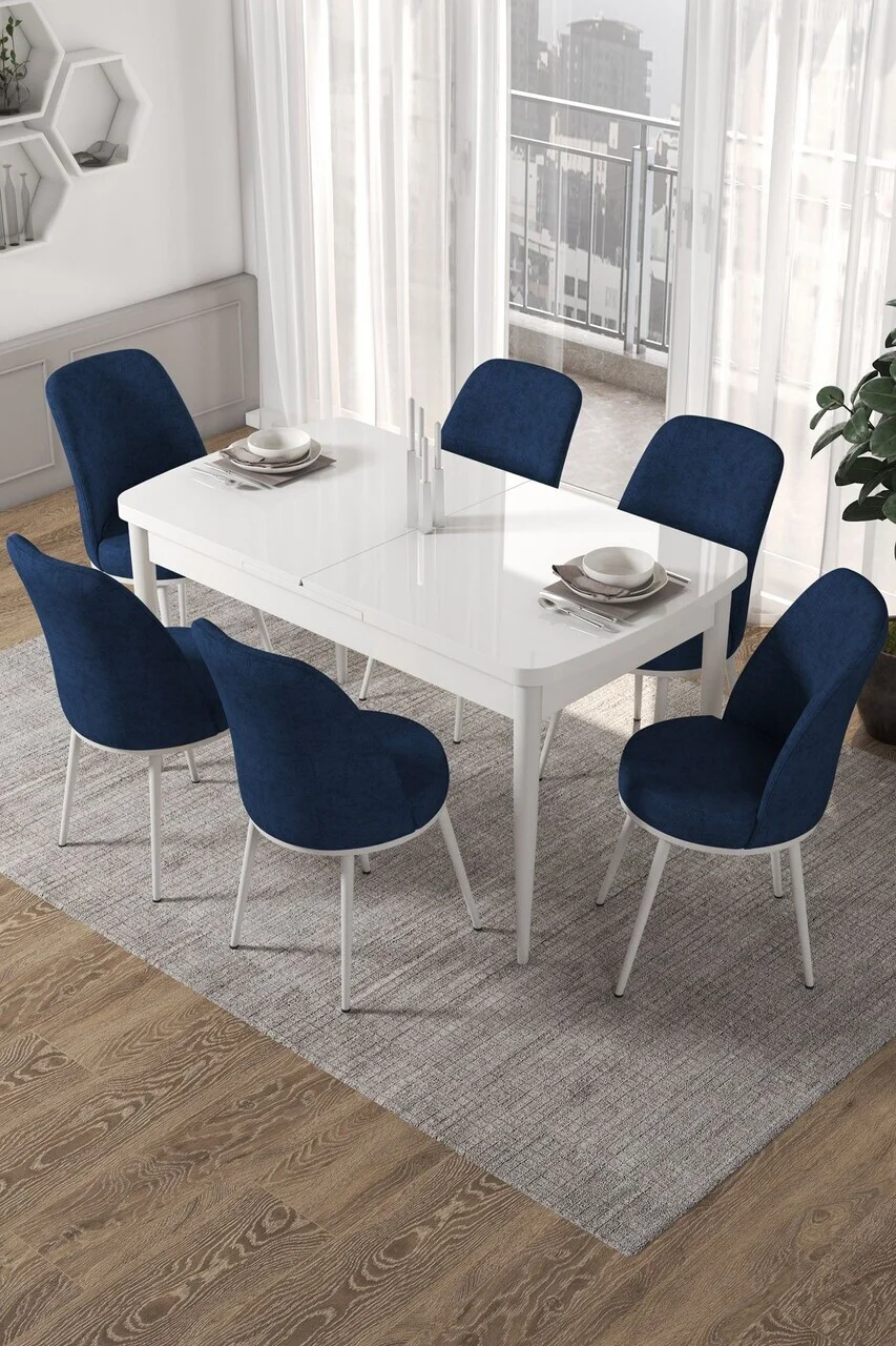 Set masa extensibila si scaune (7 piese), Hanah Home, Via, Alb / Bleumarin Set masa extensibila si scaune (7 piese), Hanah Home, Via, Alb / Bleumarin