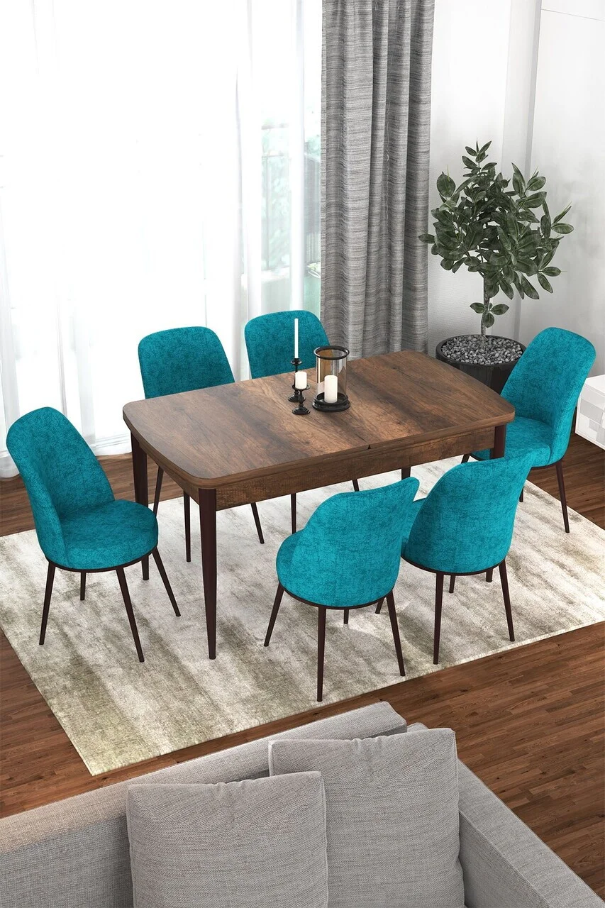 Set masa extensibila si scaune (7 piese), Hanah Home, Via, Model baroc din lemn / turcoaz Set masa extensibila si scaune (7 piese), Hanah Home, Via, Model baroc din lemn / turcoaz