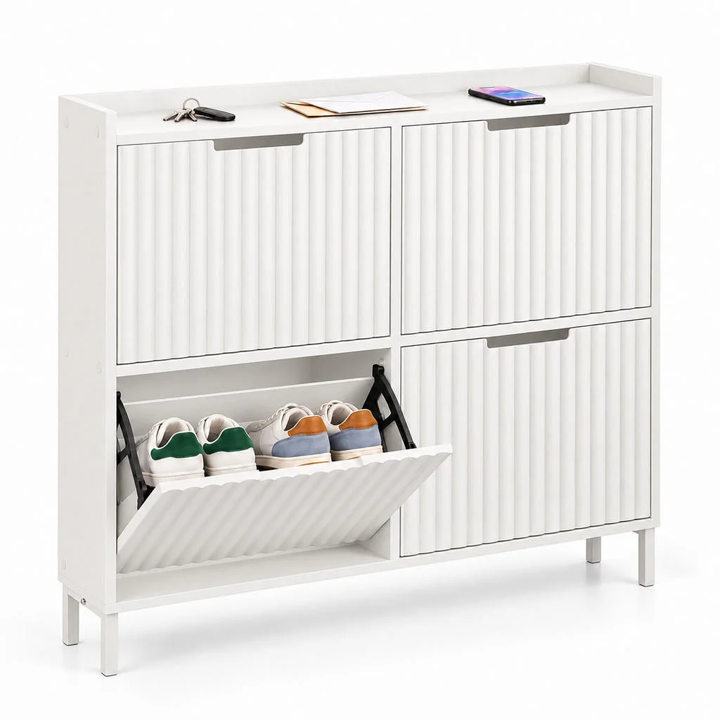 DULAP PENTRU ÎNCĂLȚĂMINTE Alb față striată 4 compartimente 90x100x19 cm DULAP PENTRU ÎNCĂLȚĂMINTE Alb față striată 4 compartimente 90x100x19 cm