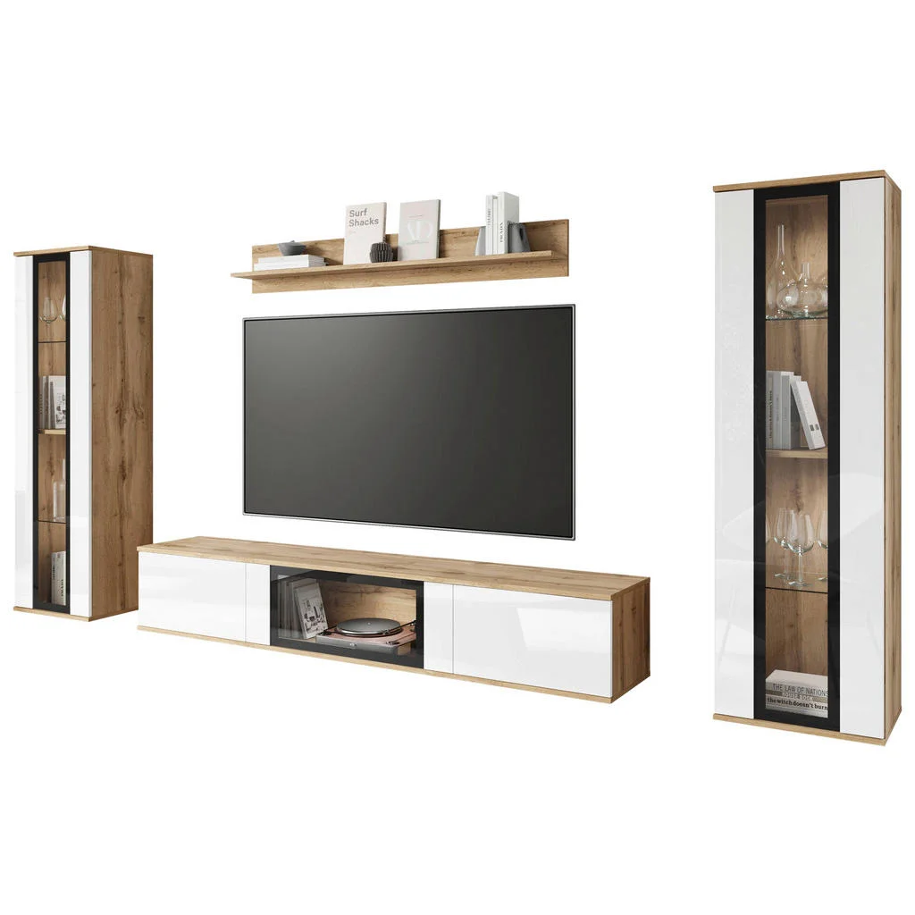 Set Mobilă Living, 4 piese, stejar Wotan, alb lucios intens, 262/141,9/33 cm Set Mobilă Living, 4 piese, stejar Wotan, alb lucios intens, 262/141,9/33 cm
