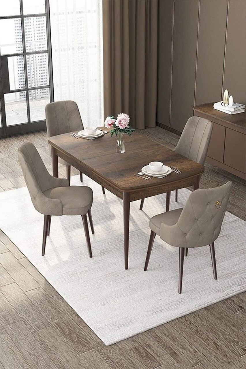 Set masa extensibila si scaune (5 piese), Hanah Home, Nex, Model baroc din lemn / Cappuccino Set masa extensibila si scaune (5 piese), Hanah Home, Nex, Model baroc din lemn / Cappuccino