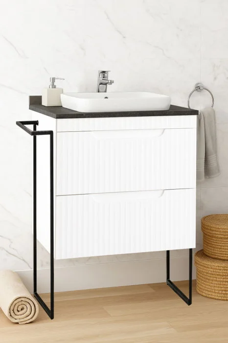 Set Baza front MDF si Lavoar seria 633, cu sertare, cadru metalic, montat, 60 cm, alb rustic Set Baza front MDF si Lavoar seria 633, cu sertare, cadru metalic, montat, 60 cm, alb rustic