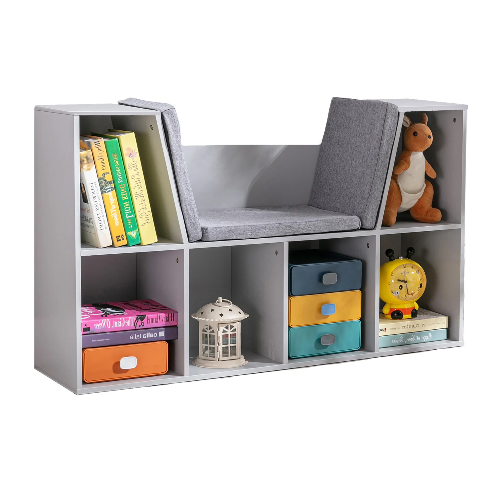 HOMCOM 2 în 1 raft pentru copii Raft + Bancă cu pernă 103 cm × 30 cm × 62 cm Alb + Gri | Aosom Romania HOMCOM 2 în 1 raft pentru copii Raft + Bancă cu pernă 103 cm × 30 cm × 62 cm Alb + Gri | Aosom Romania