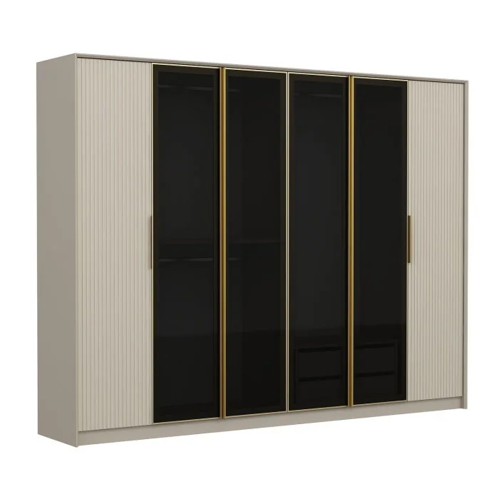 Dulap LUXE, 6 usi, bej + auriu + geam fumuriu, 274x52x210 cm