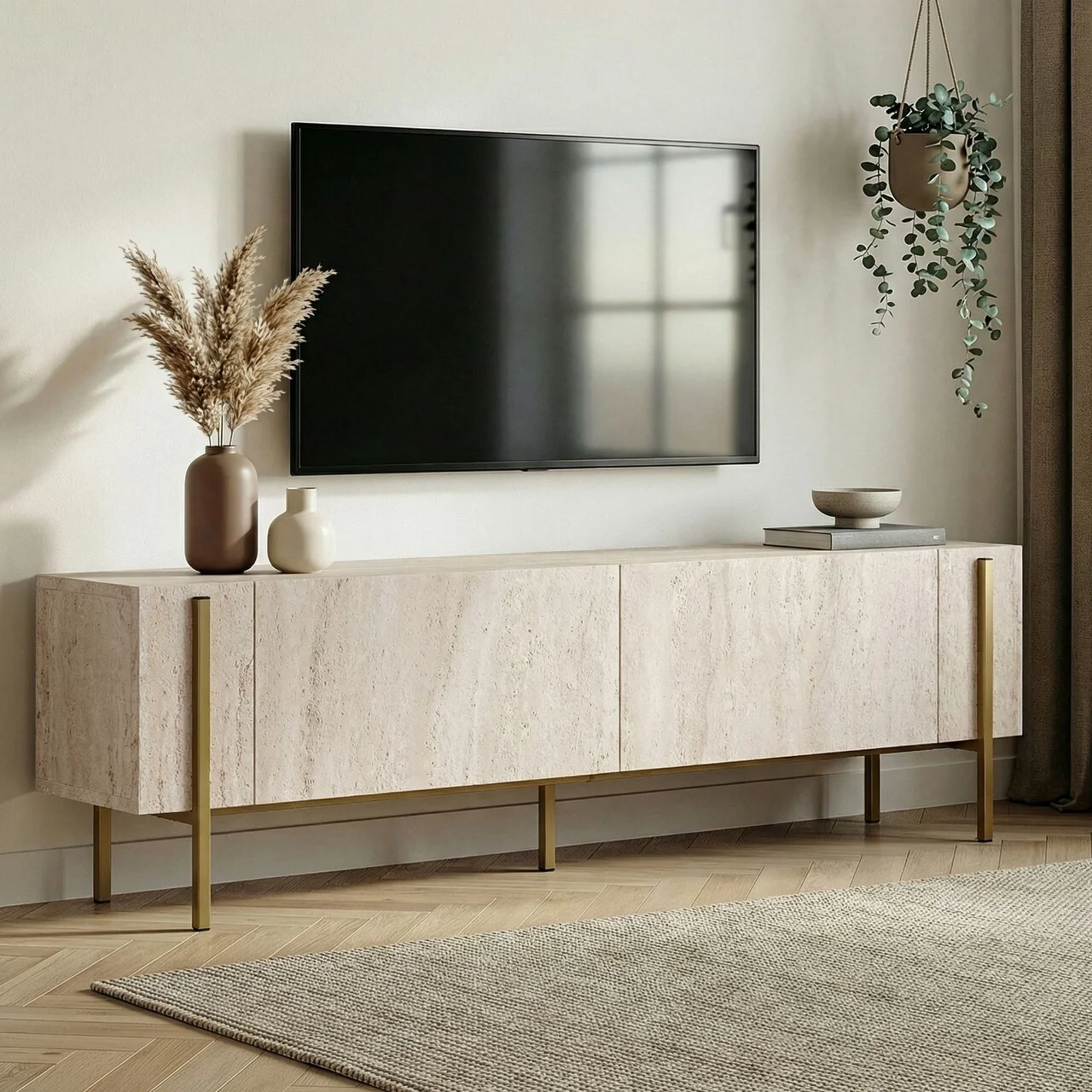 Comoda TV, Hanah Home, Nexus, 180x30x45 cm, Travertin / Auriu Comoda TV, Hanah Home, Nexus, 180x30x45 cm, Travertin / Auriu