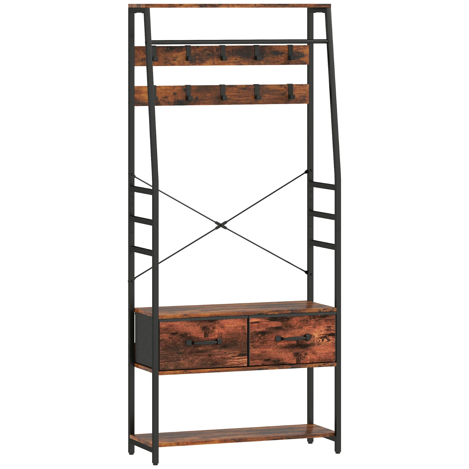 HOMCOM Mobilier de intrare 6 în 1 cuier bară pentru haine raft 2 sertare 10 cârlige 80 x 30 x 180 cm maro rustic | Aosom Romania HOMCOM Mobilier de intrare 6 în 1 cuier bară pentru haine raft 2 sertare 10 cârlige 80 x 30 x 180 cm maro rustic | Aosom Romania