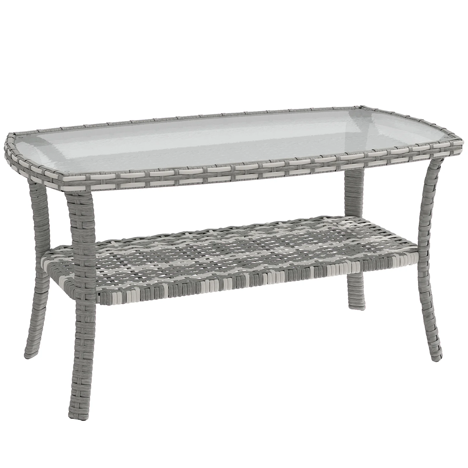 Outsunny Masă de grădină exterioară dreptunghiulară din ratan cu raft blat din sticlă securizată cu model ondulat 90x50x45 cm Gri închis | Aosom Romania Outsunny Masă de grădină exterioară dreptunghiulară din ratan cu raft blat din sticlă securizată cu model ondulat 90x50x45 cm Gri închis | Aosom Romania