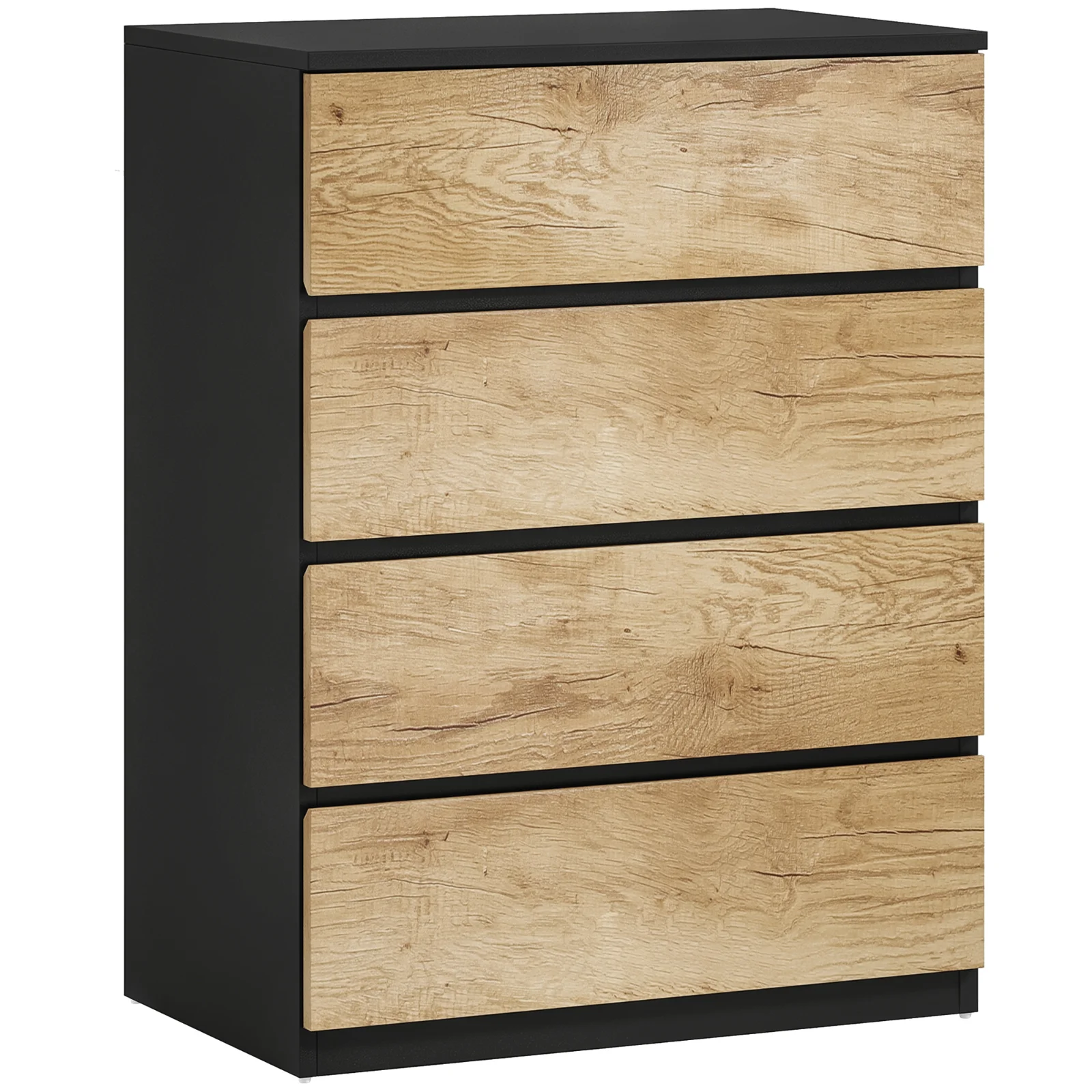 HOMCOM Comodă cu 4 Sertare din Lemn cu Șine Metalice și Mânere Frezate, 60x40x80 cm, Negru și Stejar | Aosom Romania HOMCOM Comodă cu 4 Sertare din Lemn cu Șine Metalice și Mânere Frezate, 60x40x80 cm, Negru și Stejar | Aosom Romania