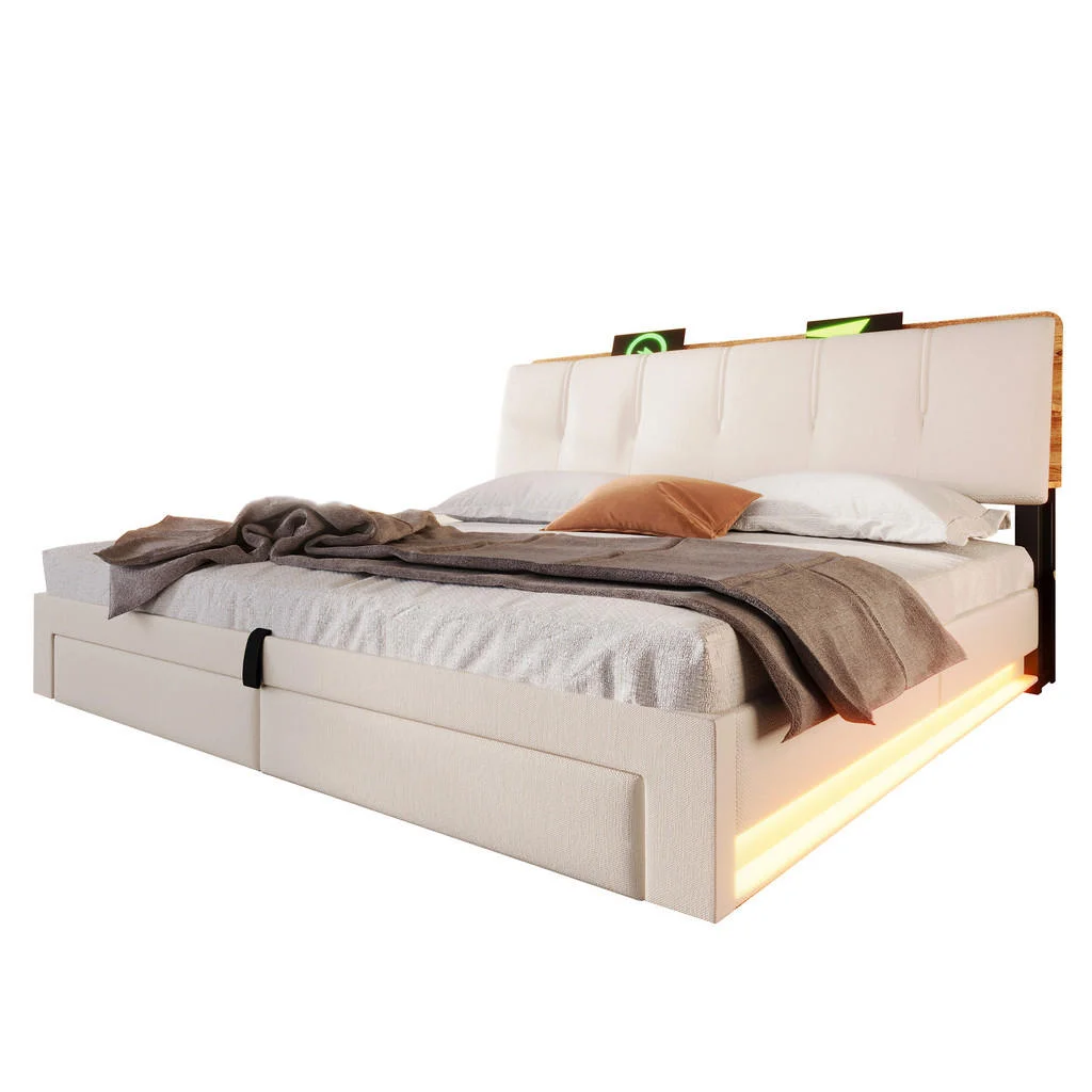 PAT TAPITAT 180x200cm Bej cu LED USB-C și depozitare PAT TAPITAT 180x200cm Bej cu LED USB-C și depozitare