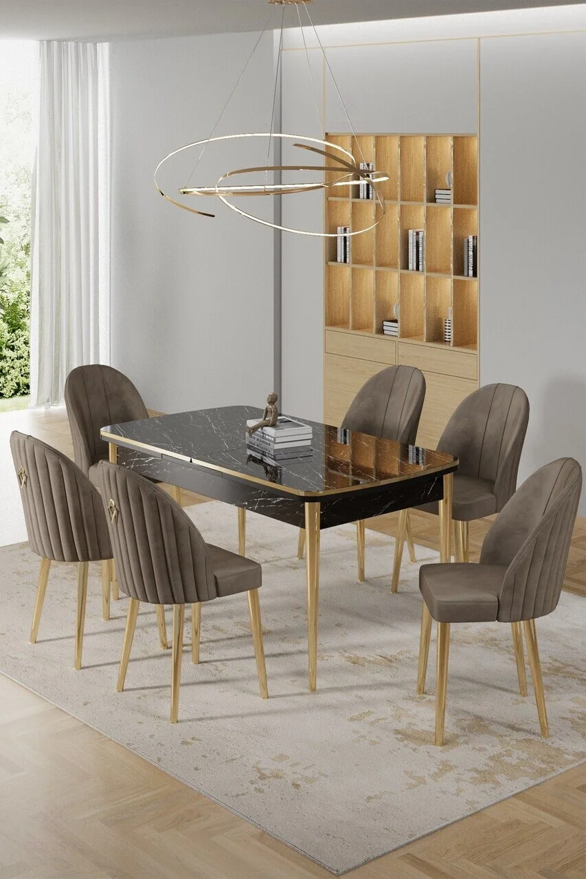Set masa extensibila si scaune (7 piese), Hanah Home, Rada, Model de marmură neagră / Auriu / Cappuccino Set masa extensibila si scaune (7 piese), Hanah Home, Rada, Model de marmură neagră / Auriu / Cappuccino