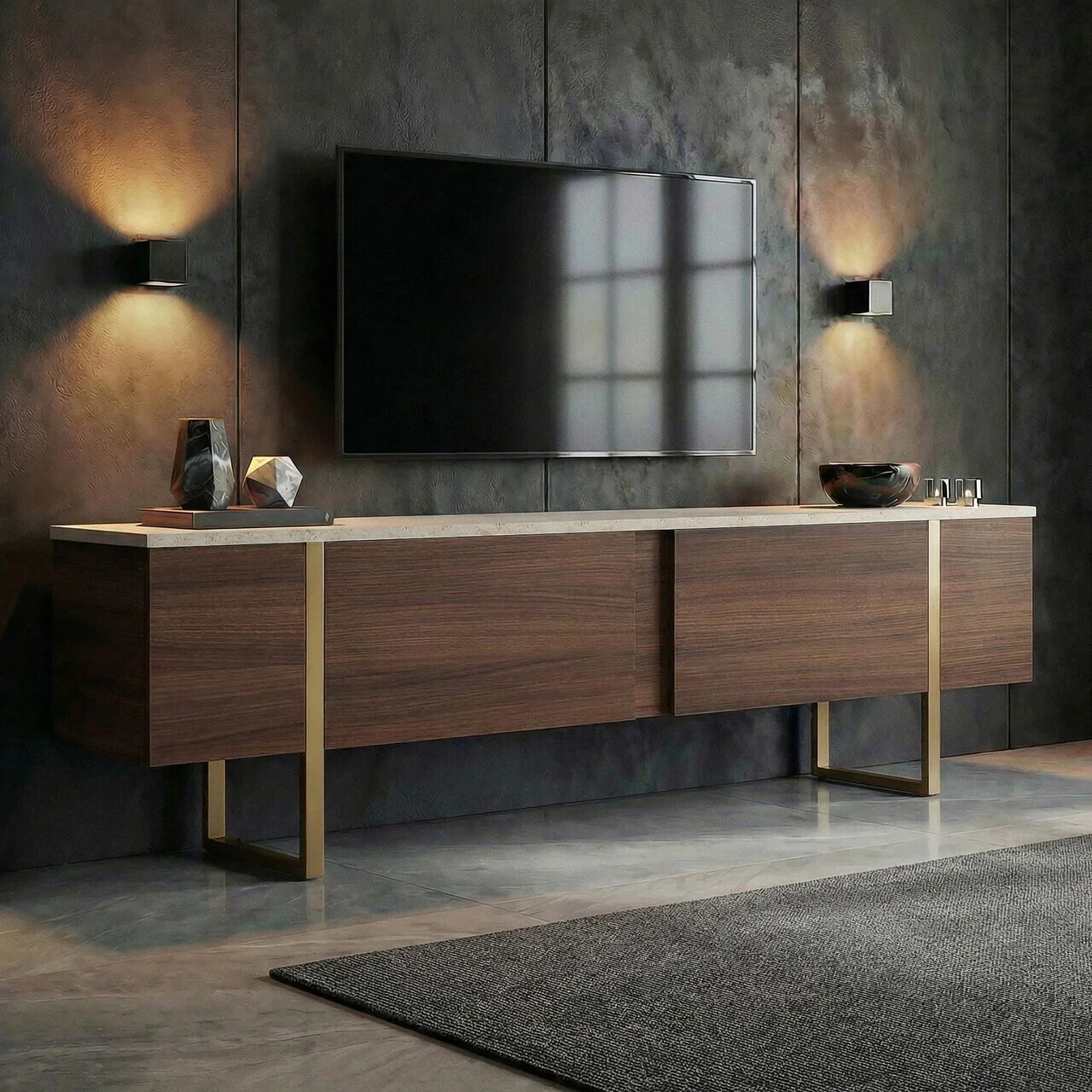 Comoda TV, Nordure, Onera, 180x50x30 cm, PAL, Travertin / Nuc Milano / Auriu Comoda TV, Nordure, Onera, 180x50x30 cm, PAL, Travertin / Nuc Milano / Auriu