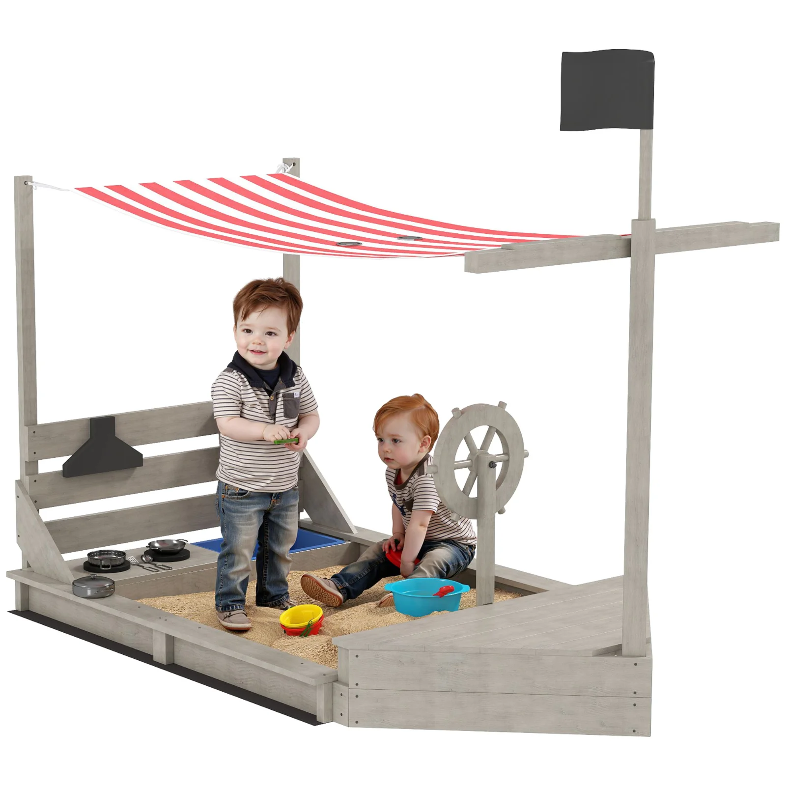 Outsunny Cutie de nisip cu parasolar Vapor pirat, inclusiv set de joc de bucătărie pentru copii, Lemn masiv, 180 x 103 x 144,5 cm, Gri | Aosom Romania Outsunny Cutie de nisip cu parasolar Vapor pirat, inclusiv set de joc de bucătărie pentru copii, Lemn masiv, 180 x 103 x 144,5 cm, Gri | Aosom Romania