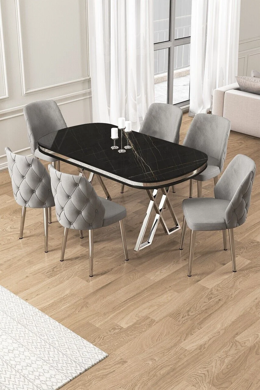 Set masa si scaune (7 piese), Hanah Home, Afe, Sonata / Crom / Gri Set masa si scaune (7 piese), Hanah Home, Afe, Sonata / Crom / Gri