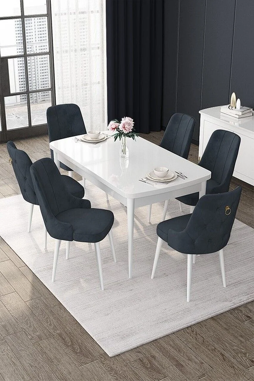 Set masa extensibila si scaune (7 piese), Hanah Home, Nex, Alb / Antracit Set masa extensibila si scaune (7 piese), Hanah Home, Nex, Alb / Antracit
