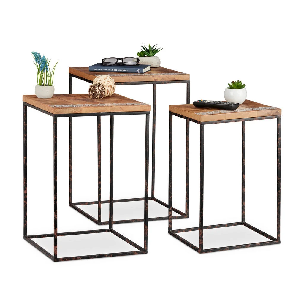 MĂSUȚĂ Maro Negru Alb set-3-piese lemn de mango metal 55,5 cm MĂSUȚĂ Maro Negru Alb set-3-piese lemn de mango metal 55,5 cm