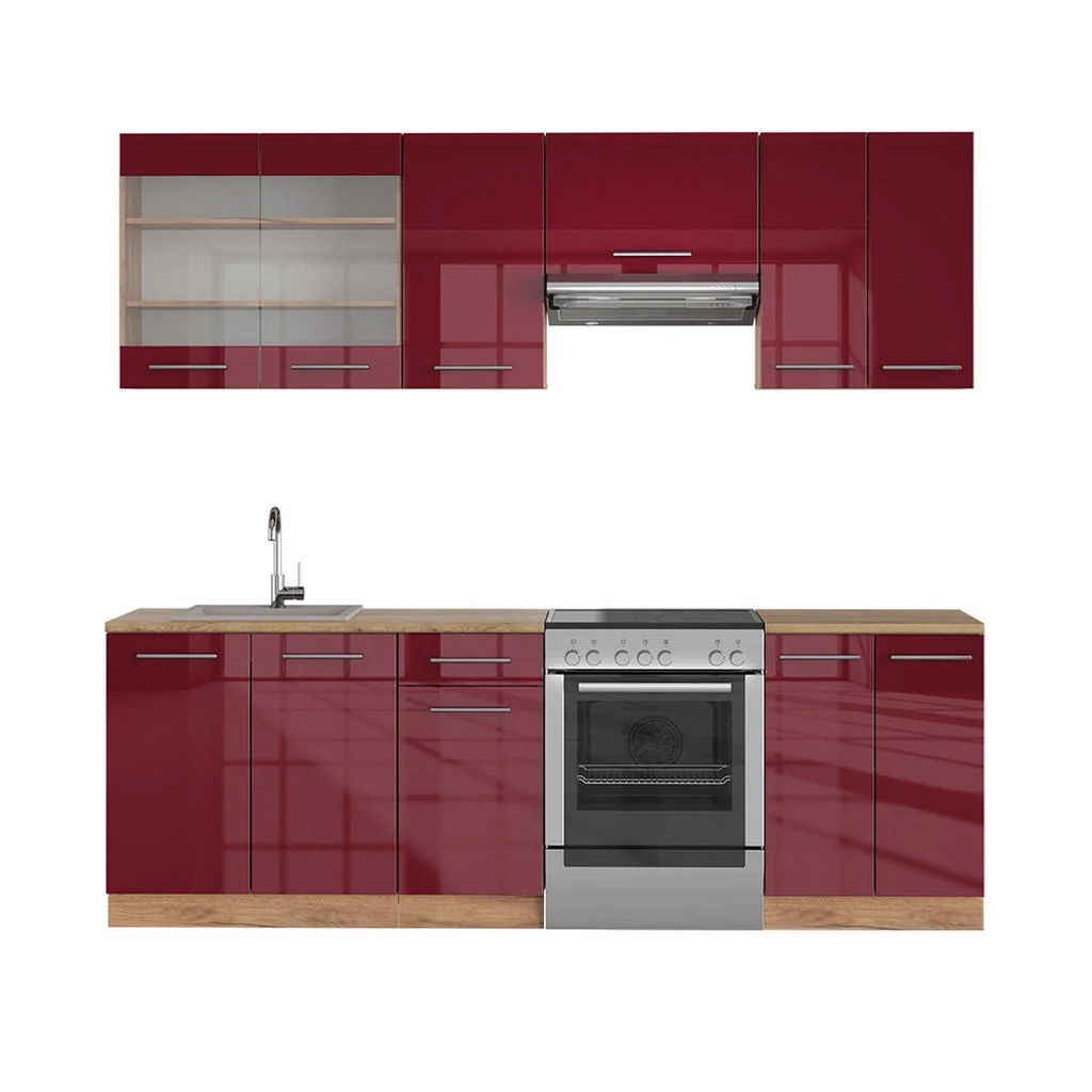 KITCHENETTE Fame-Line Bordeaux lucios/stejar Goldkraft 240 cm fara blat KITCHENETTE Fame-Line Bordeaux lucios/stejar Goldkraft 240 cm fara blat