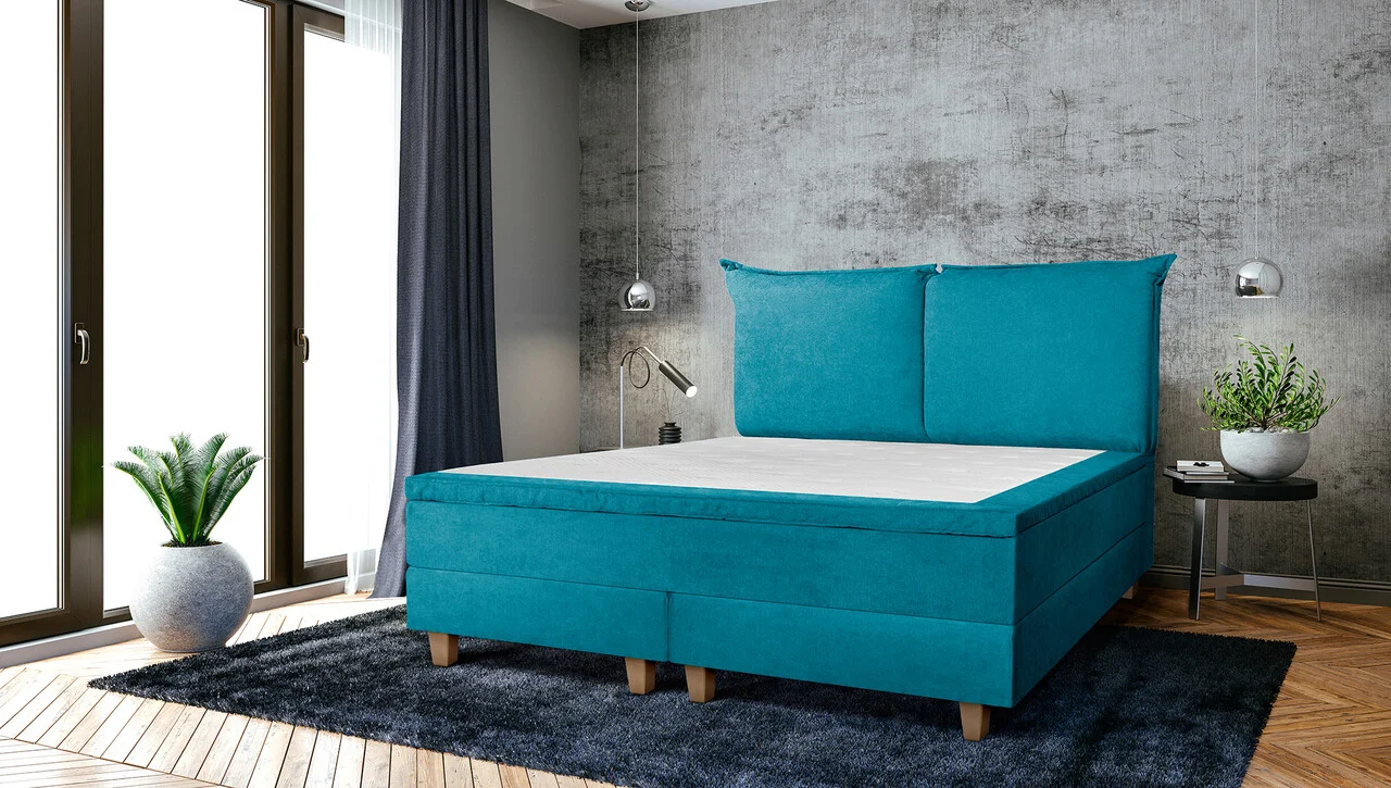 Pat matrimonial, Stockholm, Pillows E, 140x200 cm, saltea tip Pocket, topper memory, Albastru turcoaz Pat matrimonial, Stockholm, Pillows E, 140x200 cm, saltea tip Pocket, topper memory, Albastru turcoaz