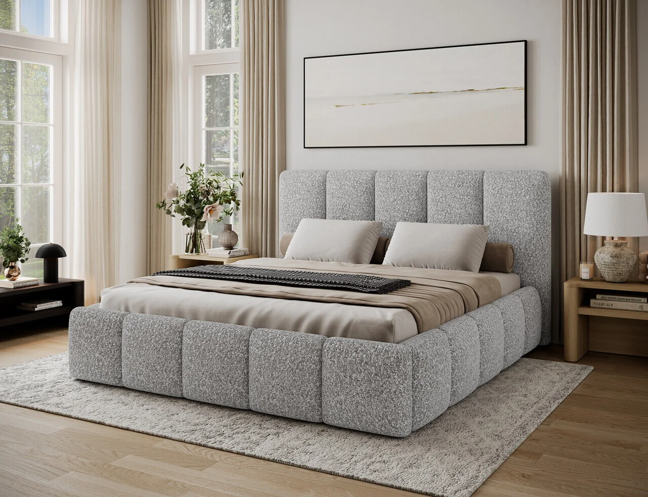 Pat tapitat cu somiera si lada depozitare, 160x200 cm, ELTAP, 150-CO-WF-1.6, Edvige, lemn/poliester, gri Pat tapitat cu somiera si lada depozitare, 160x200 cm, ELTAP, 150-CO-WF-1.6, Edvige, lemn/poliester, gri