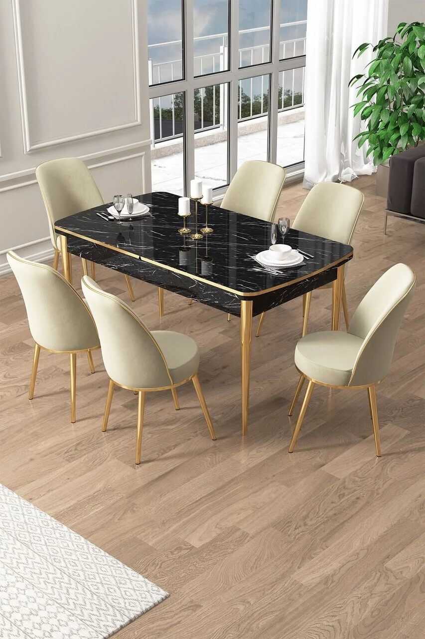 Set masa extensibila si scaune (7 piese), Hanah Home, Pale, Model de marmură neagră / Auriu / Crem Set masa extensibila si scaune (7 piese), Hanah Home, Pale, Model de marmură neagră / Auriu / Crem