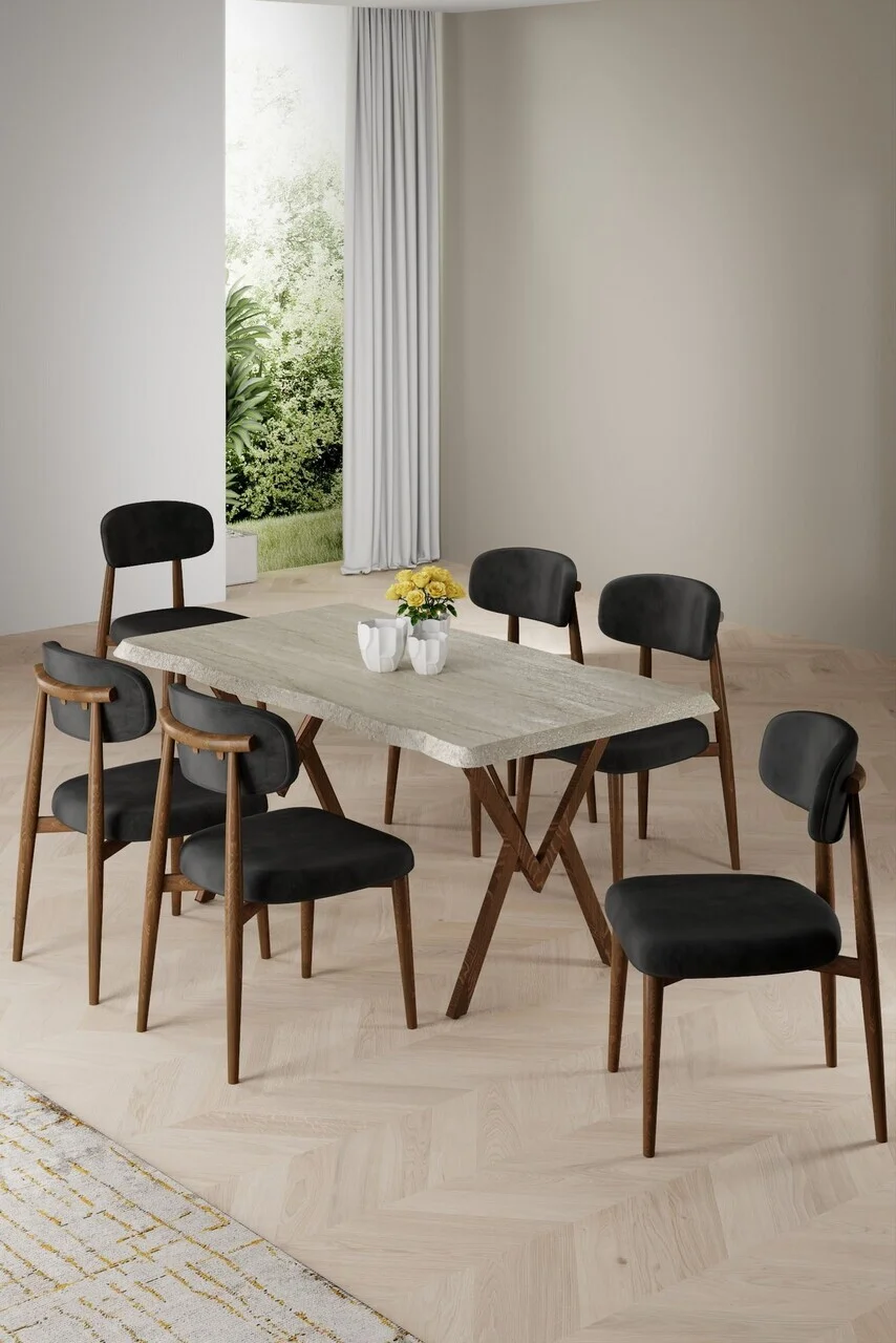 Set masa si scaune (7 piese), Hanah Home, Zerra, Travertin / Aspect de lemn / Negru Set masa si scaune (7 piese), Hanah Home, Zerra, Travertin / Aspect de lemn / Negru