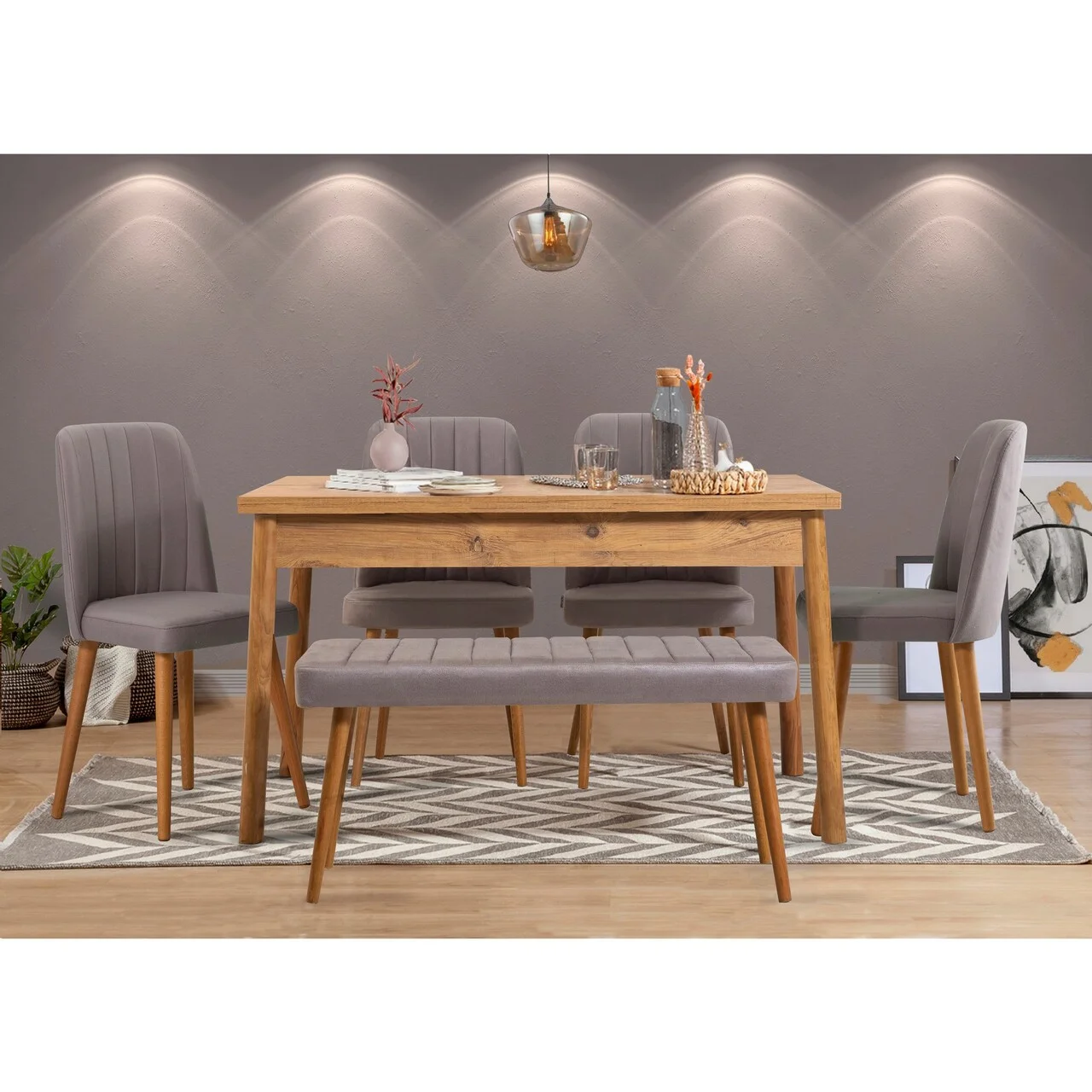 Set masa si scaune, 6 piese, Hanah Home, Costa Atlantic Grey, Pin Atlantic / Gri Set masa si scaune, 6 piese, Hanah Home, Costa Atlantic Grey, Pin Atlantic / Gri