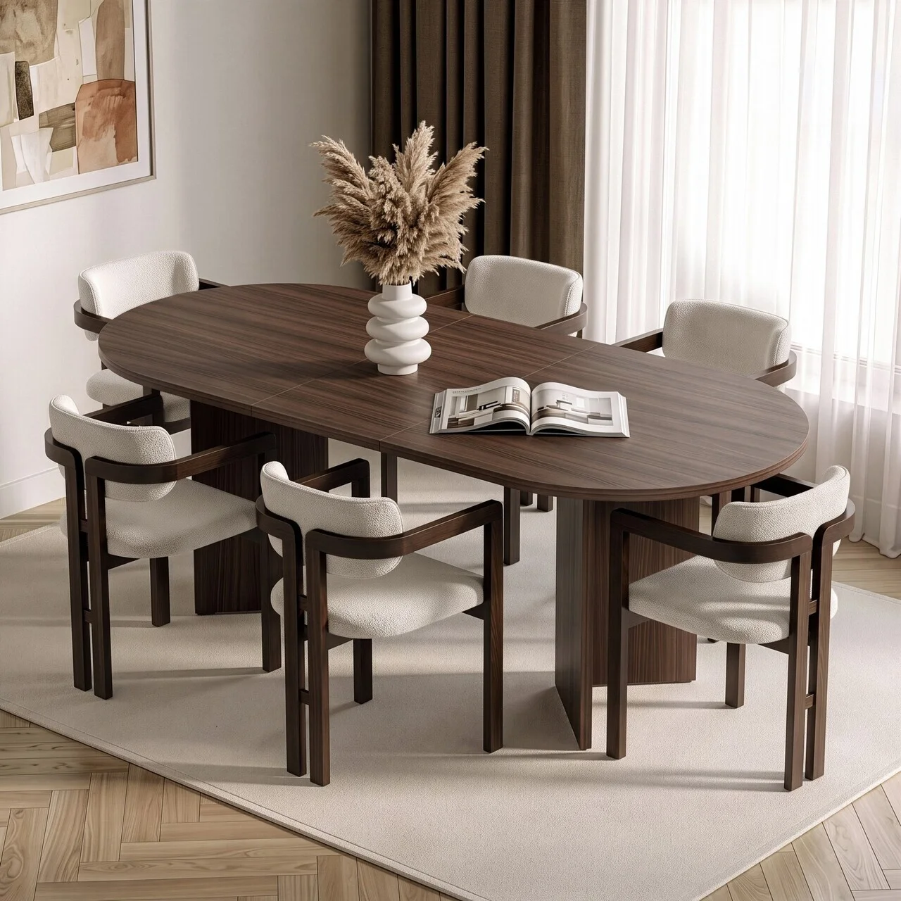Set masa extensibila si scaune (7 piese), Nordure, Aleria 6, Nuc Milano / Nuc Închis / Alb Set masa extensibila si scaune (7 piese), Nordure, Aleria 6, Nuc Milano / Nuc Închis / Alb