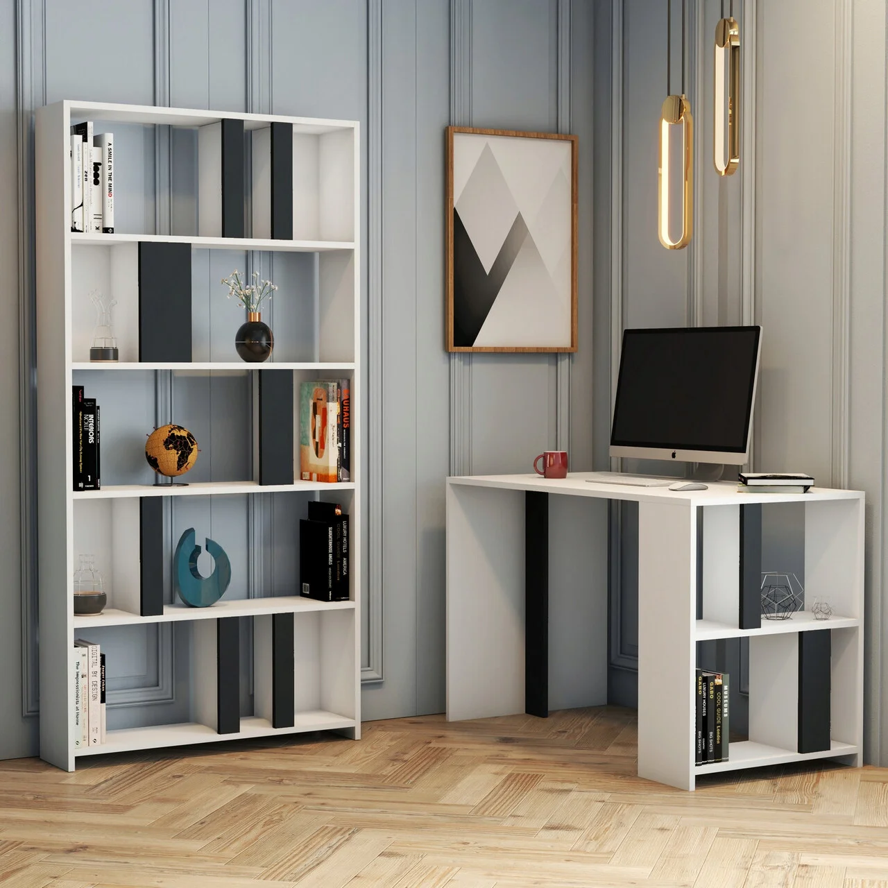 Set birou si biblioteca, Hanah Home, Lima, Alb / Antracit Set birou si biblioteca, Hanah Home, Lima, Alb / Antracit