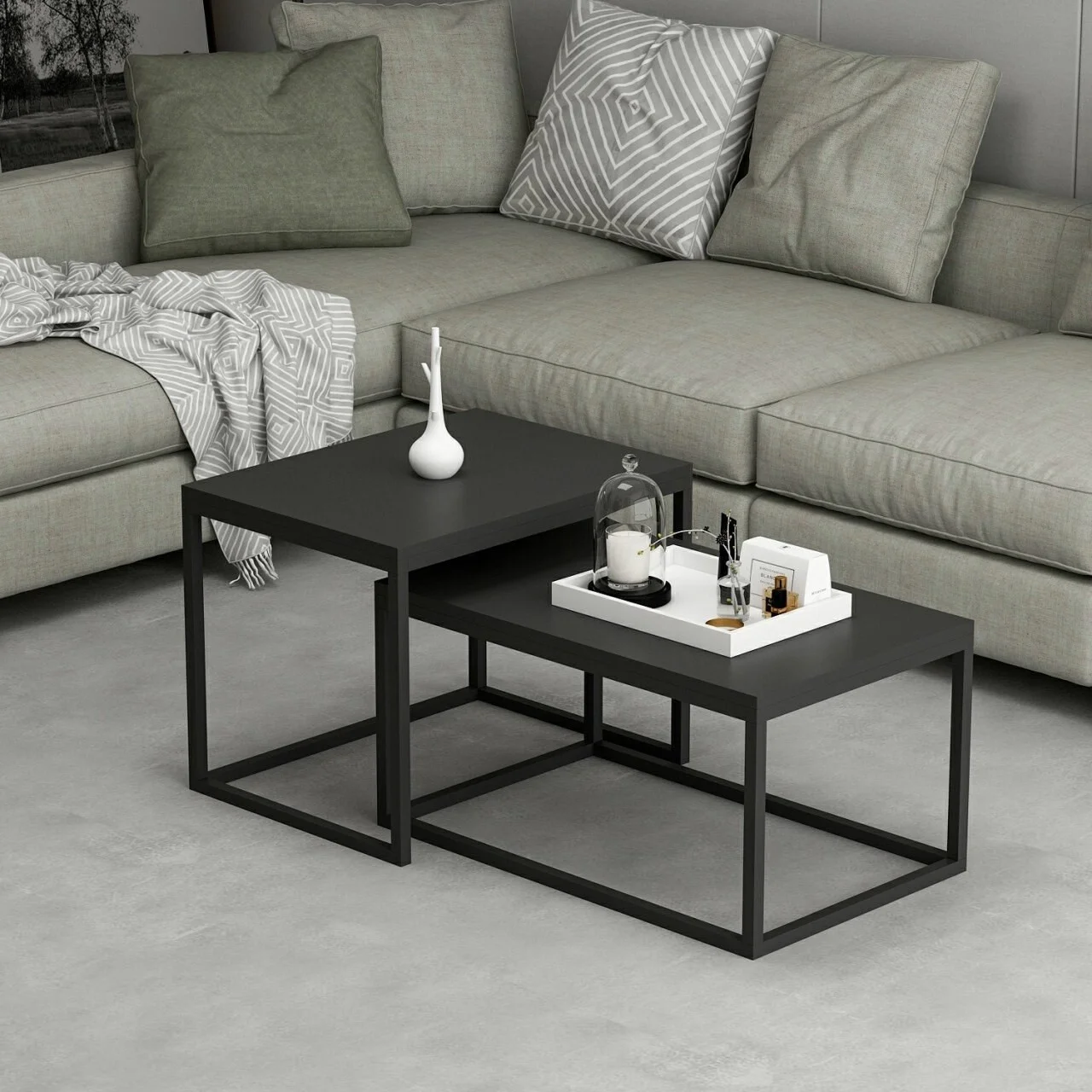 Set masute 2 piese, Hanah Home, Leka, Negru Set masute 2 piese, Hanah Home, Leka, Negru