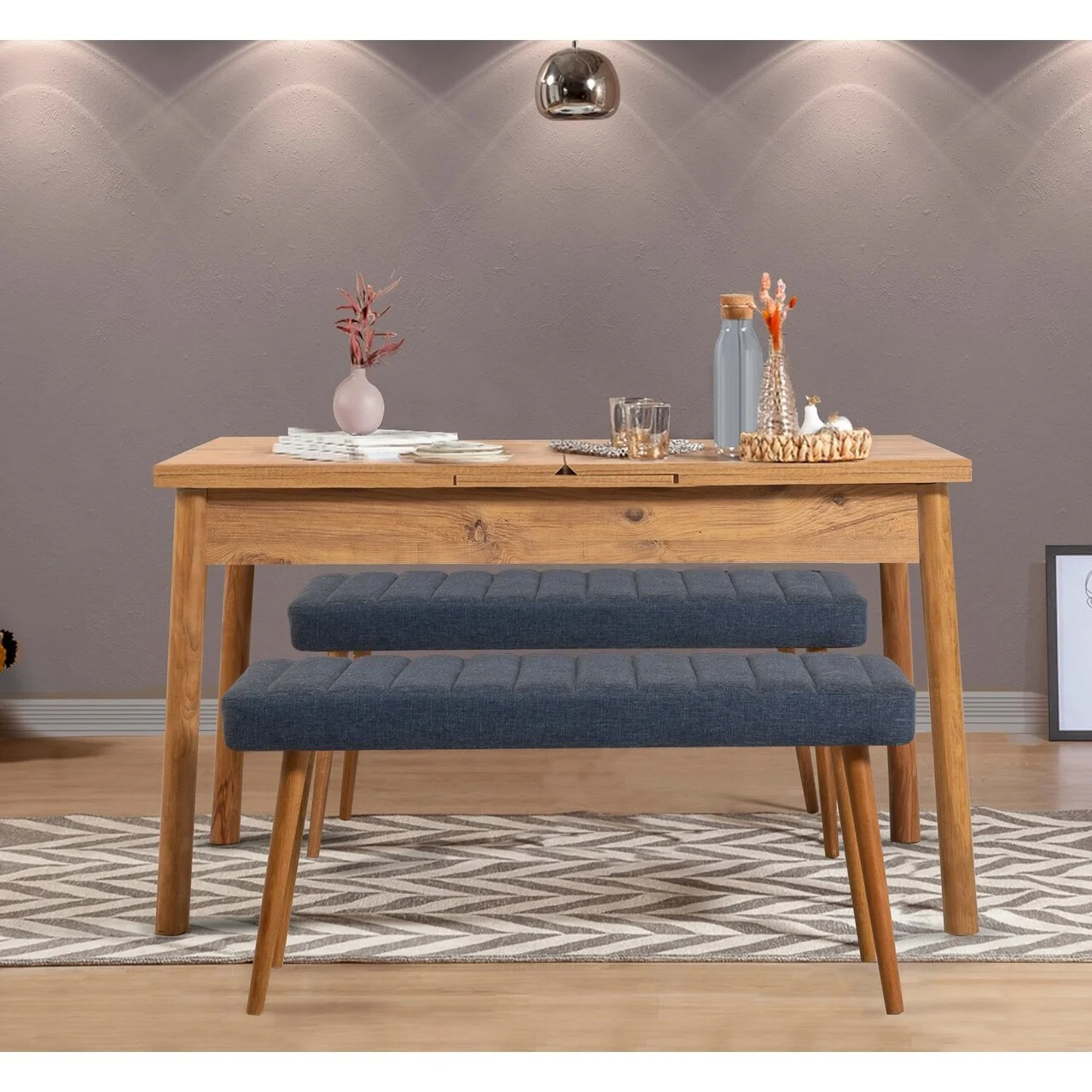 Set masa extensibila si banchete, Hanah Home, Santiago 1048, Pin Atlantic / Albastru închis Set masa extensibila si banchete, Hanah Home, Santiago 1048, Pin Atlantic / Albastru închis