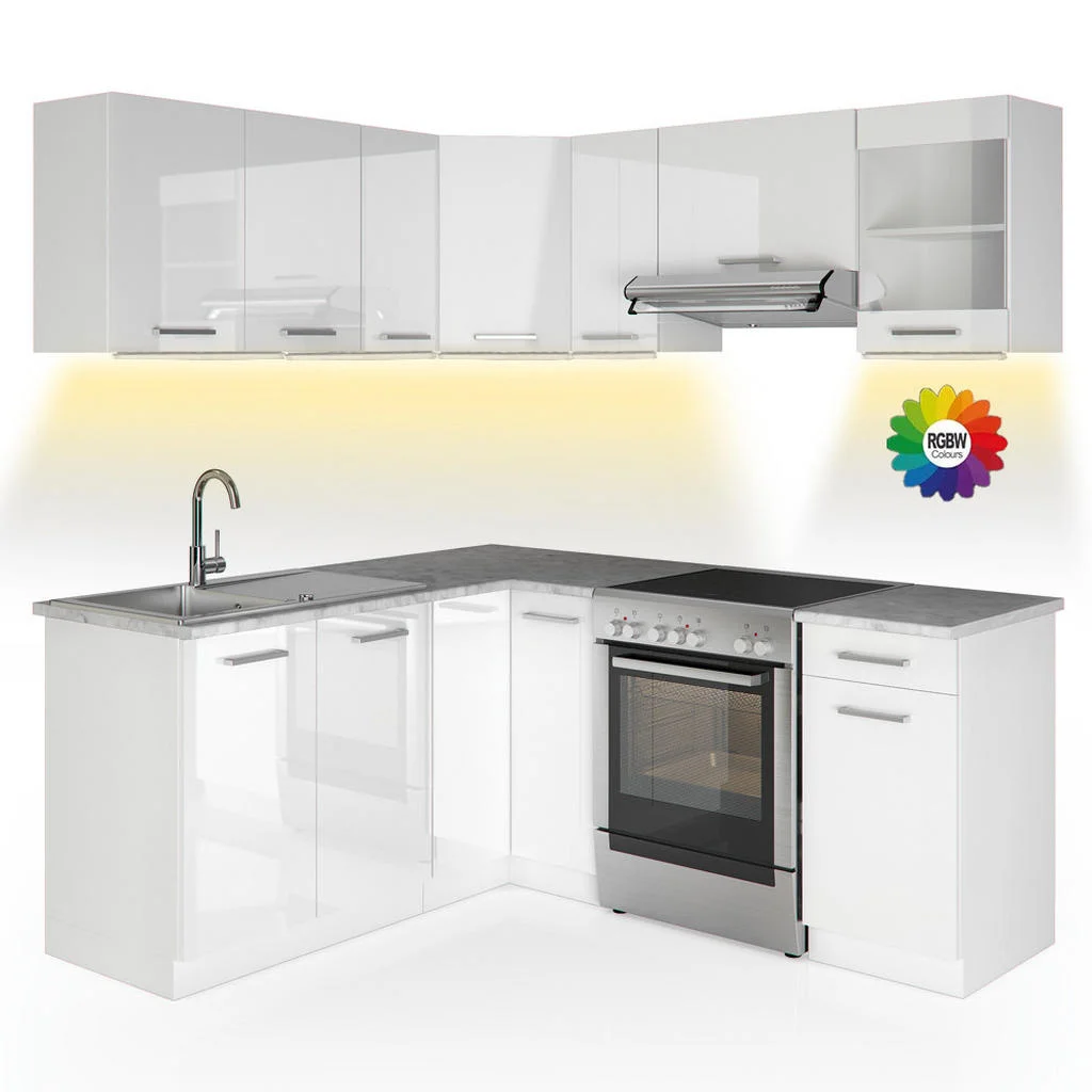 BUCATARIE PE COLT R-Line, Alb lucios ridicat/Alb, 187 x 167 cm, marmură AP cu benzi LED BUCATARIE PE COLT R-Line, Alb lucios ridicat/Alb, 187 x 167 cm, marmură AP cu benzi LED
