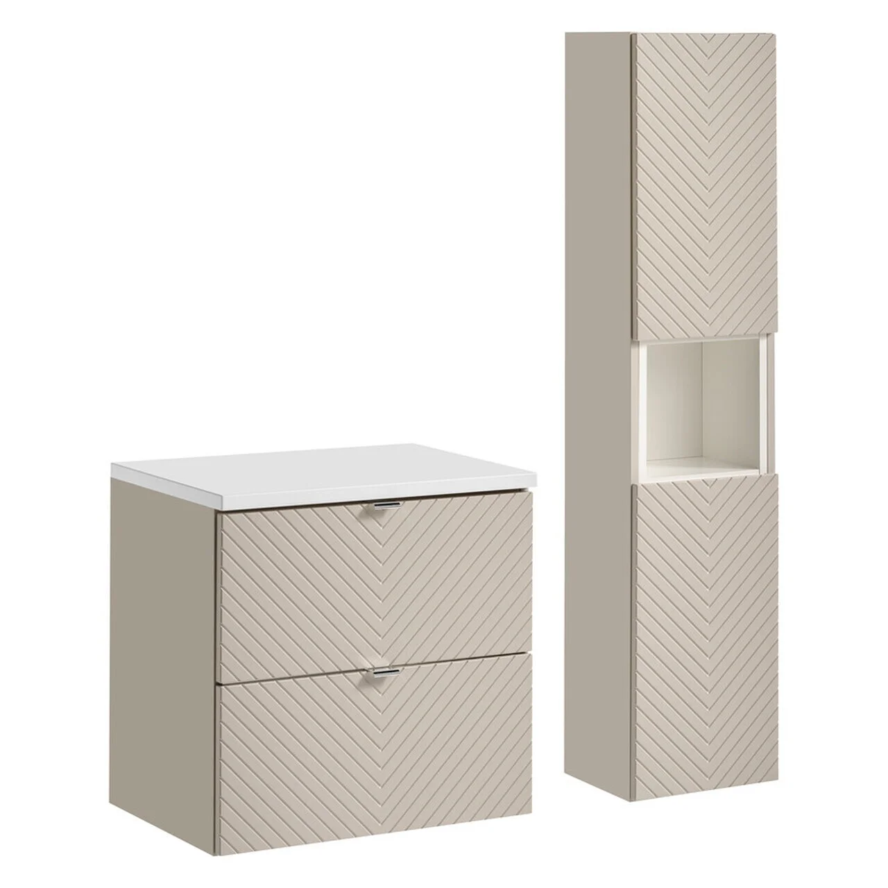 Set mobilier baie Viva Cashmere 60 cm S HC, dulap inalt si masca lavoar, Comad, MDF/PAL, casmir/alb Set mobilier baie Viva Cashmere 60 cm S HC, dulap inalt si masca lavoar, Comad, MDF/PAL, casmir/alb