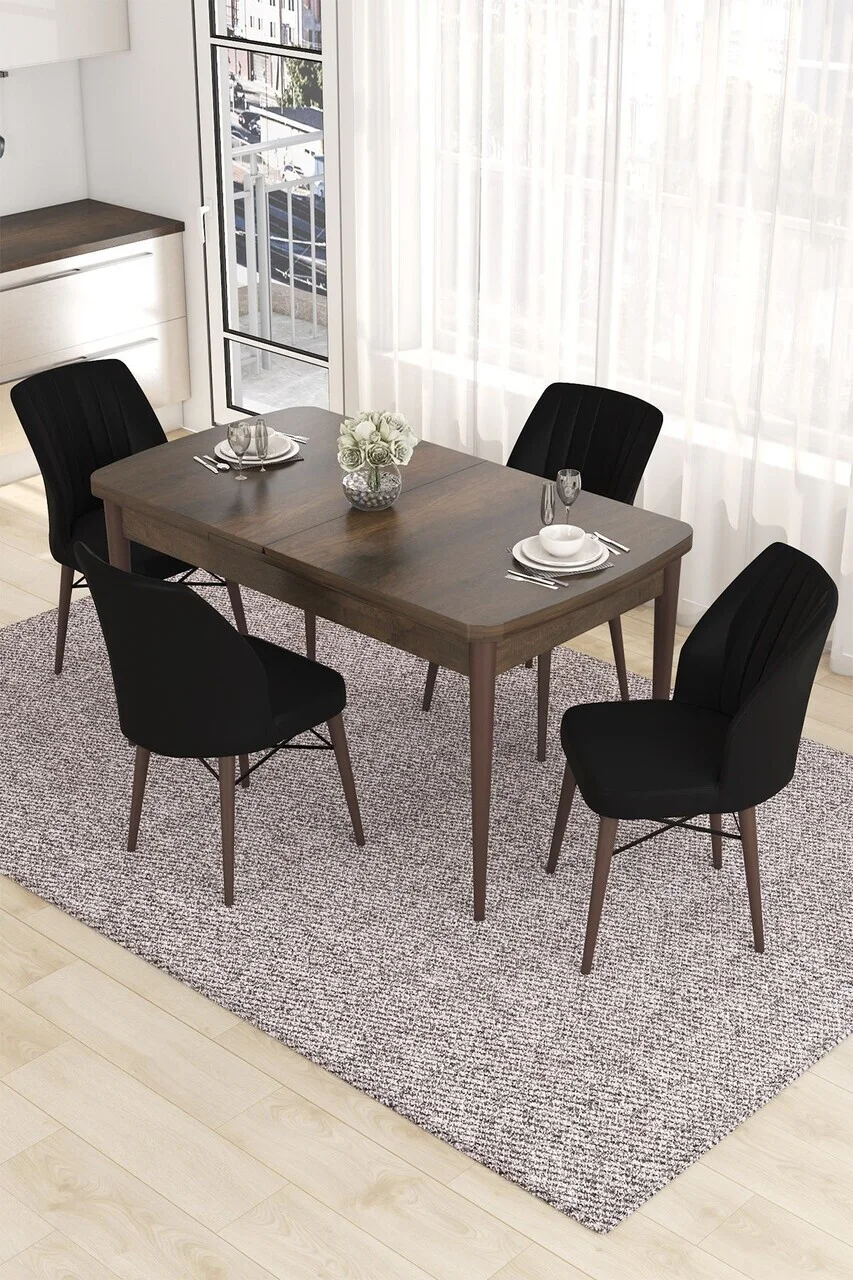Set masa extensibila si scaune (5 piese), Hanah Home, Eva, Model baroc din lemn / Negru Set masa extensibila si scaune (5 piese), Hanah Home, Eva, Model baroc din lemn / Negru