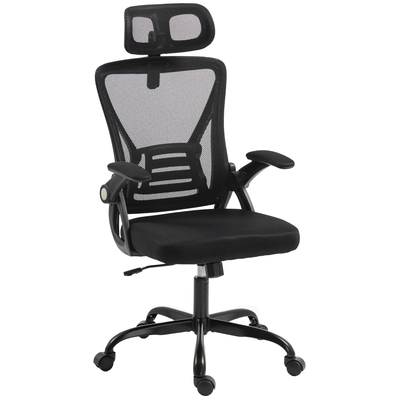 HOMCOM Scaun de Birou Ergonomic cu Brațe Rabatabile, Tetieră și Înălțime Reglabile, din Plasă Respirabilă, Negru | Aosom Romania HOMCOM Scaun de Birou Ergonomic cu Brațe Rabatabile, Tetieră și Înălțime Reglabile, din Plasă Respirabilă, Negru | Aosom Romania