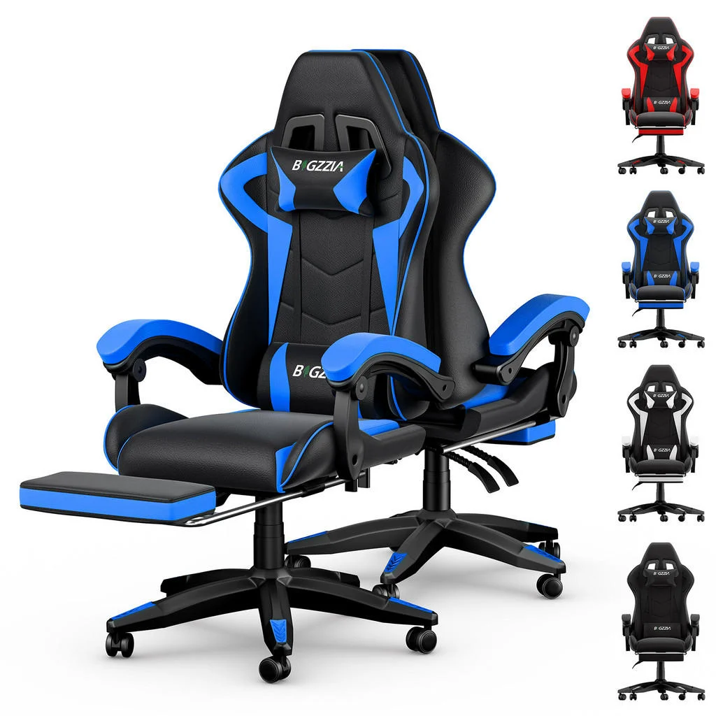 SCAUN GAMING cu înălțime reglabilă, suport pentru picioare și pernă lombară – Negru/Albastru