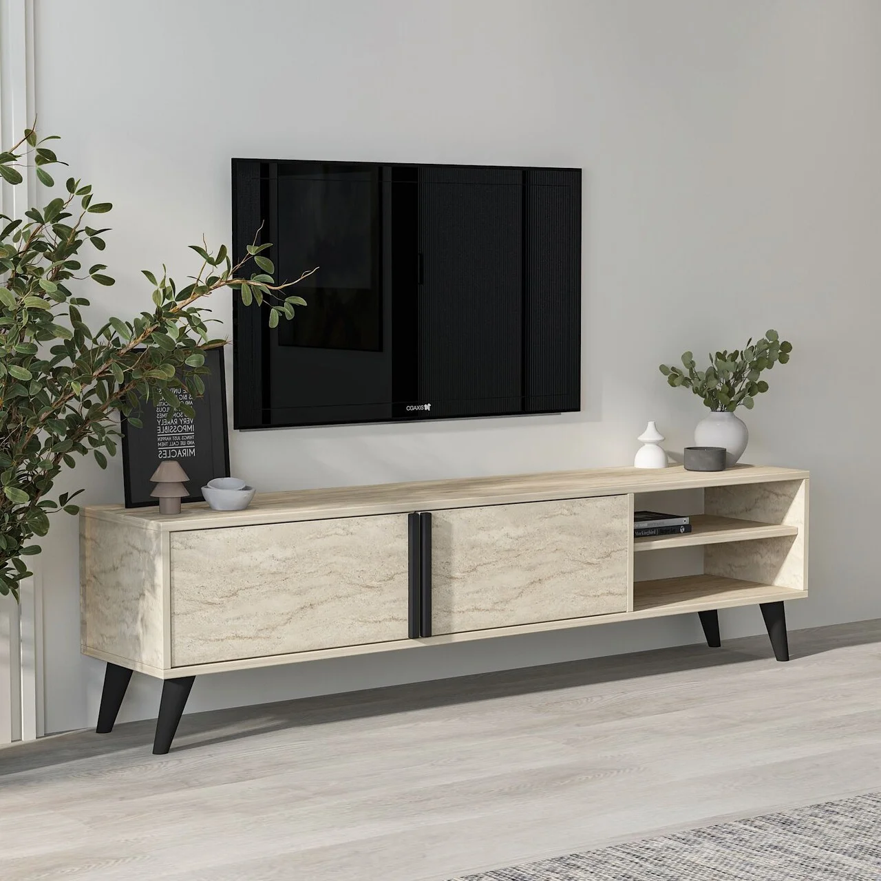 Comoda TV, Hanah Home, Benoit, 160x35x29.6 cm, Travertin Comoda TV, Hanah Home, Benoit, 160x35x29.6 cm, Travertin