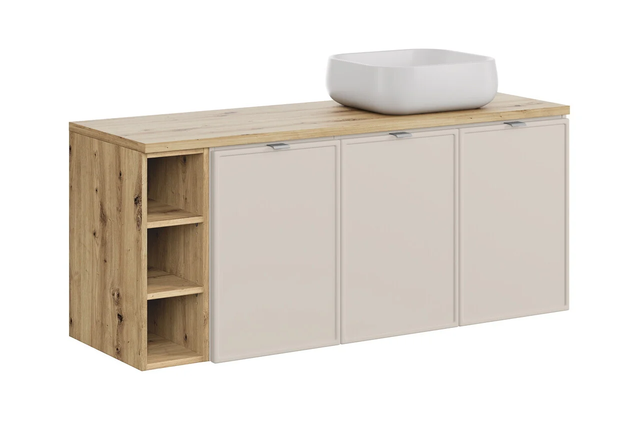 Set mobilier baie, dulap dublu cu lavoar, 140 cm Artisan Un Nika, Bella Cashmere, Comad, MDF/PAL laminat, casmir mat Set mobilier baie, dulap dublu cu lavoar, 140 cm Artisan Un Nika, Bella Cashmere, Comad, MDF/PAL laminat, casmir mat