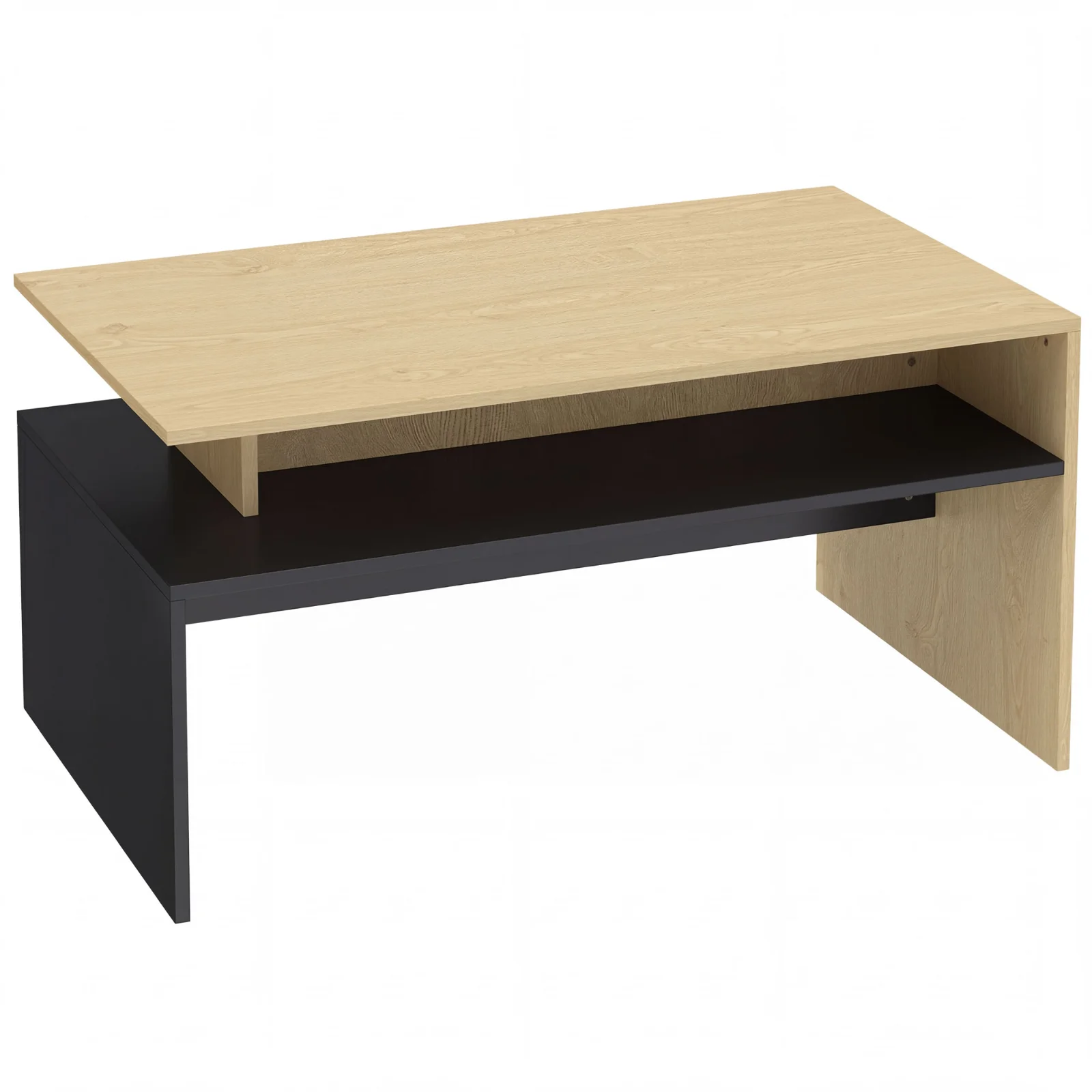 HOMCOM Masă de Cafea Modernă Bicoloră cu Niveluri Decalate și Poliță de Depozitare, 95 x 55 x 50 cm, Lemn Natural și Negru | Aosom Romania HOMCOM Masă de Cafea Modernă Bicoloră cu Niveluri Decalate și Poliță de Depozitare, 95 x 55 x 50 cm, Lemn Natural și Negru | Aosom Romania