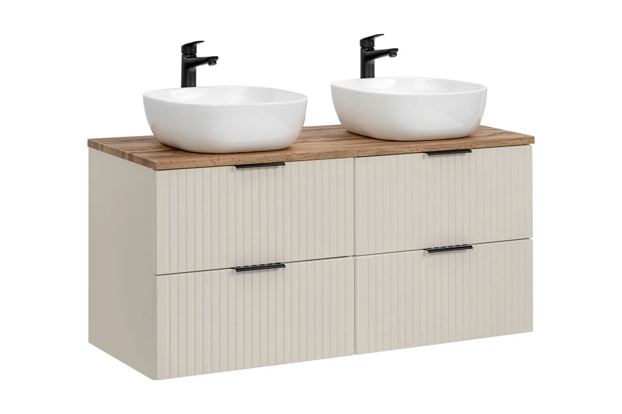 Set mobilier baie, dulap dublu si 2 lavoare, 120 cm Wotan Smile, Adel Cashmere, Comad, MDF/PAL laminat, casmir mat Set mobilier baie, dulap dublu si 2 lavoare, 120 cm Wotan Smile, Adel Cashmere, Comad, MDF/PAL laminat, casmir mat