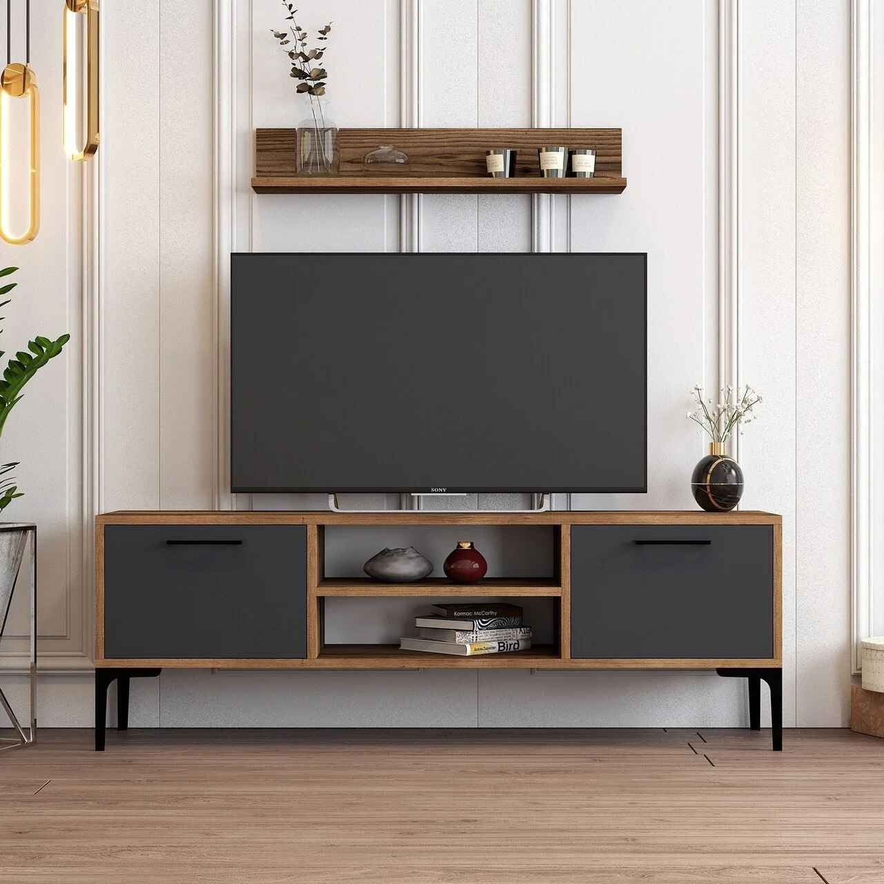 Comoda TV, Hanah Home, Riga, 140x48x30 cm, Nuc / Antracit Comoda TV, Hanah Home, Riga, 140x48x30 cm, Nuc / Antracit