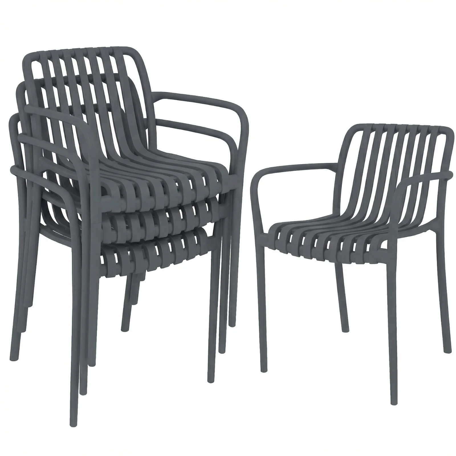 Outsunny Set 4 scaune pentru grădină Scaune stivuibile pentru terasă cu design cu lamele și cotiere, ergonomice Gri închis | Aosom Romania Outsunny Set 4 scaune pentru grădină Scaune stivuibile pentru terasă cu design cu lamele și cotiere, ergonomice Gri închis | Aosom Romania
