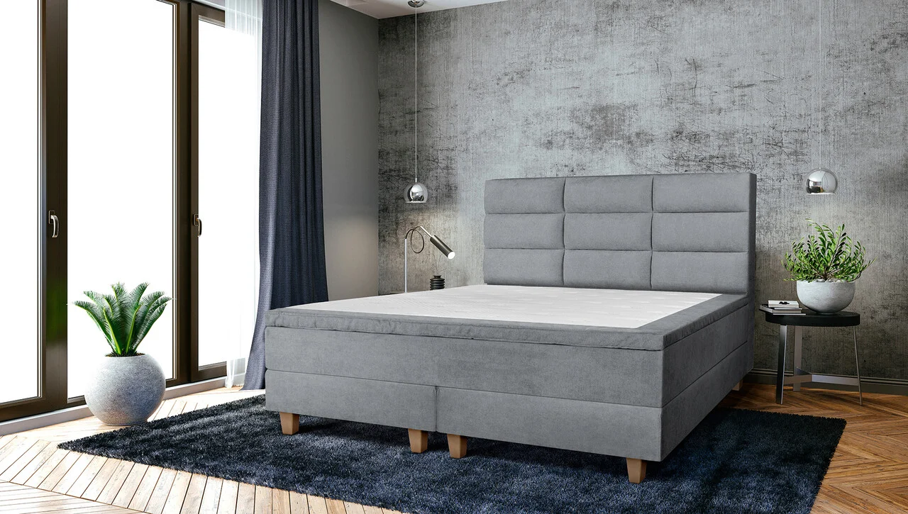 Pat matrimonial, Stockholm, Harmony E, 140x200 cm, saltea tip Pocket, topper memory, Gri Pat matrimonial, Stockholm, Harmony E, 140x200 cm, saltea tip Pocket, topper memory, Gri