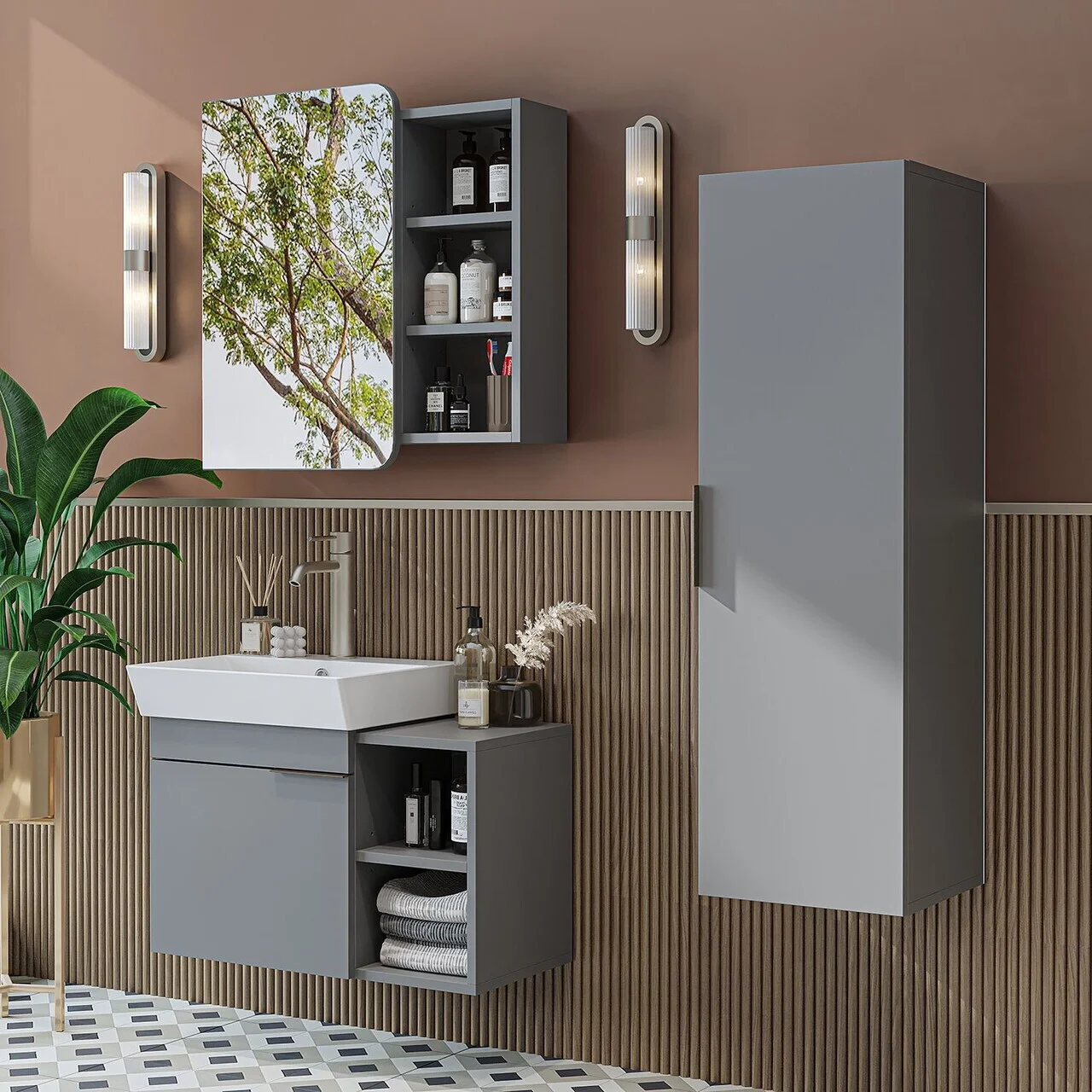 Set Dulap de Baie cu Chiuvetă și Oglindă (3 Piese), Hanah Home, 2933, PAL MELAMINAT, Frasin Set Dulap de Baie cu Chiuvetă și Oglindă (3 Piese), Hanah Home, 2933, PAL MELAMINAT, Frasin