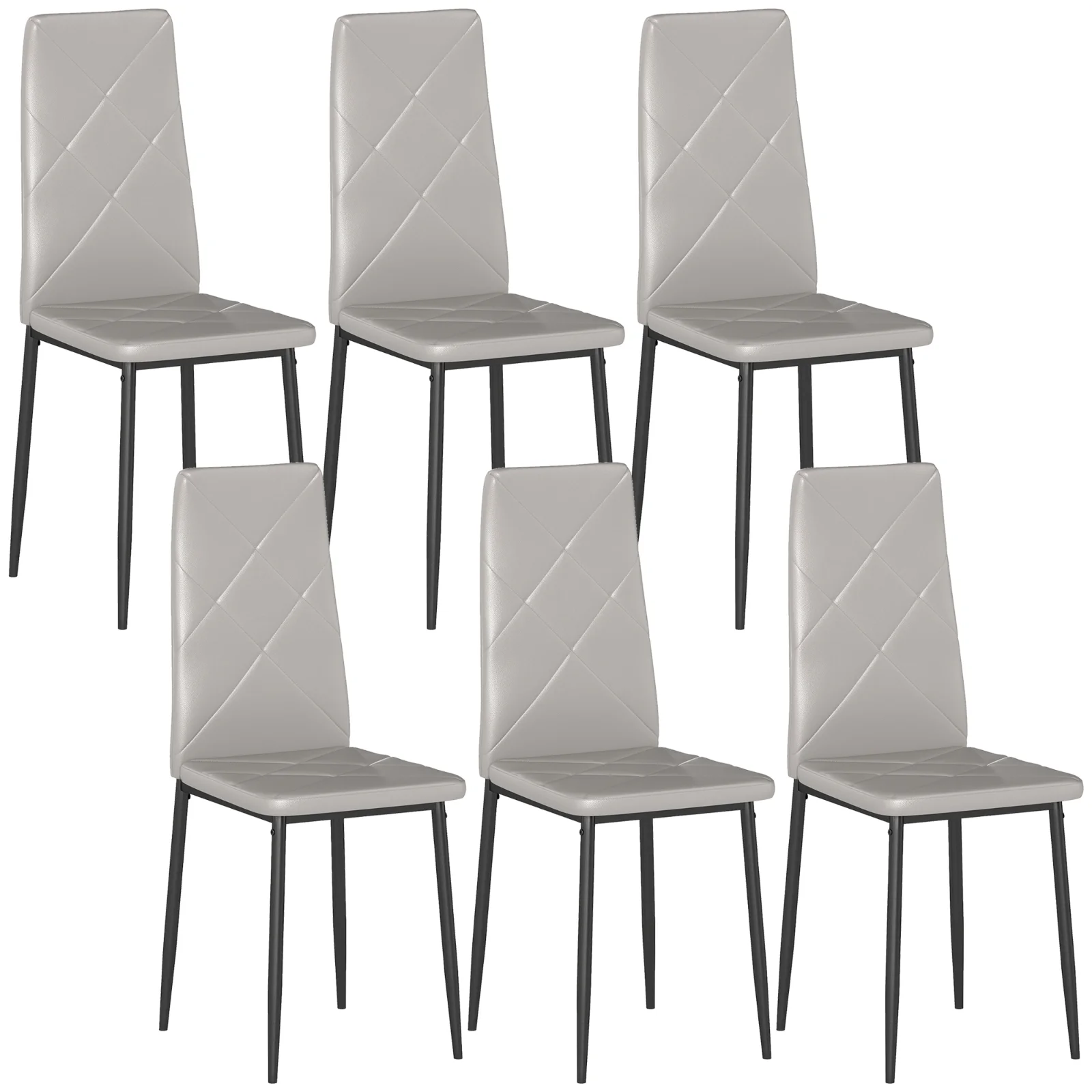 HOMCOM Set de 6 Scaune de Sufragerie, cu Spătar Înalt cu Cusături Tip Romb din Piele Ecologică și Oțel, 41x50x97 cm, Gri | Aosom Romania HOMCOM Set de 6 Scaune de Sufragerie, cu Spătar Înalt cu Cusături Tip Romb din Piele Ecologică și Oțel, 41x50x97 cm, Gri | Aosom Romania