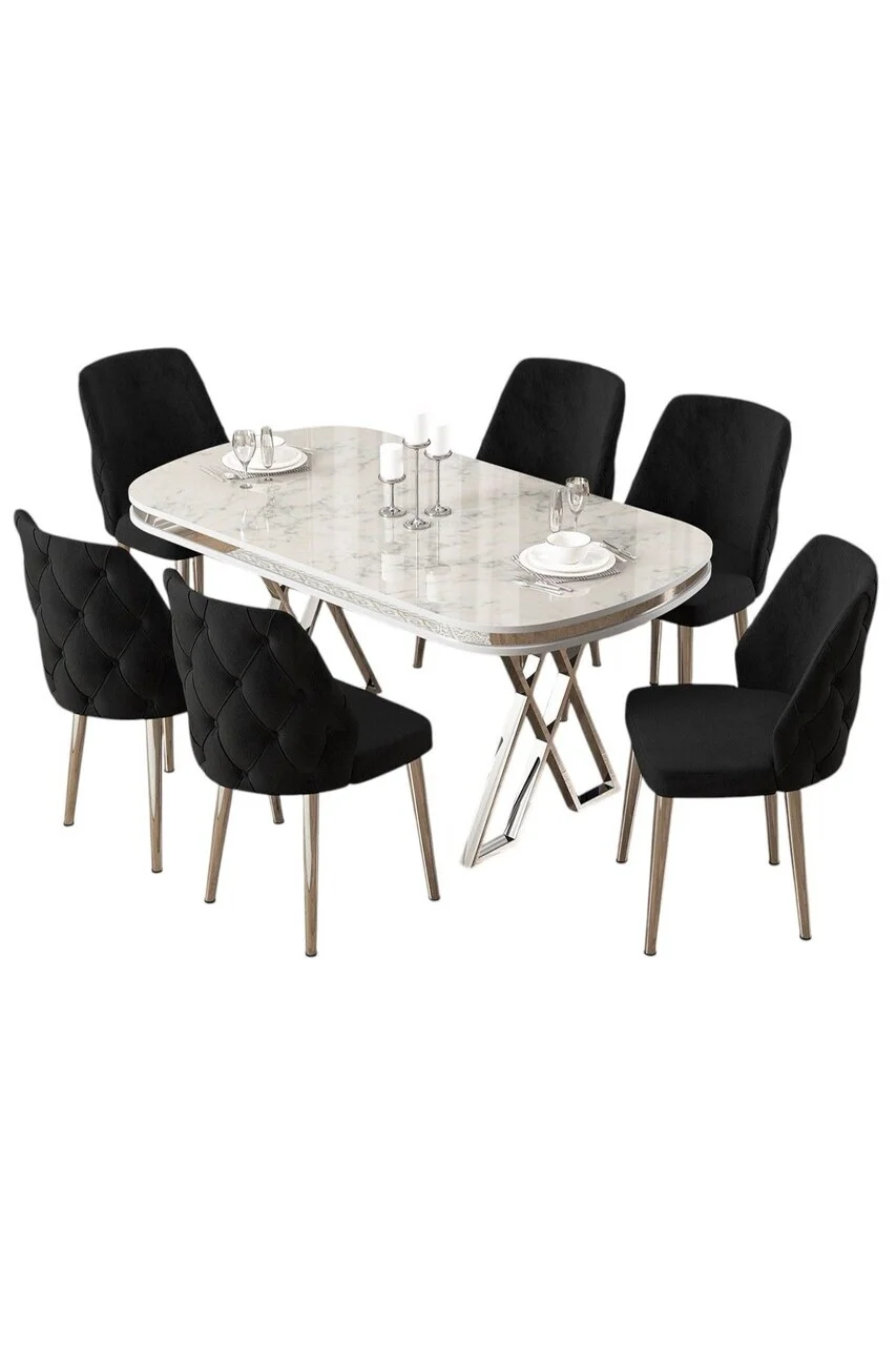 Set masa si scaune (7 piese), Hanah Home, Afe, Model de marmură albă / Crom / Negru Set masa si scaune (7 piese), Hanah Home, Afe, Model de marmură albă / Crom / Negru